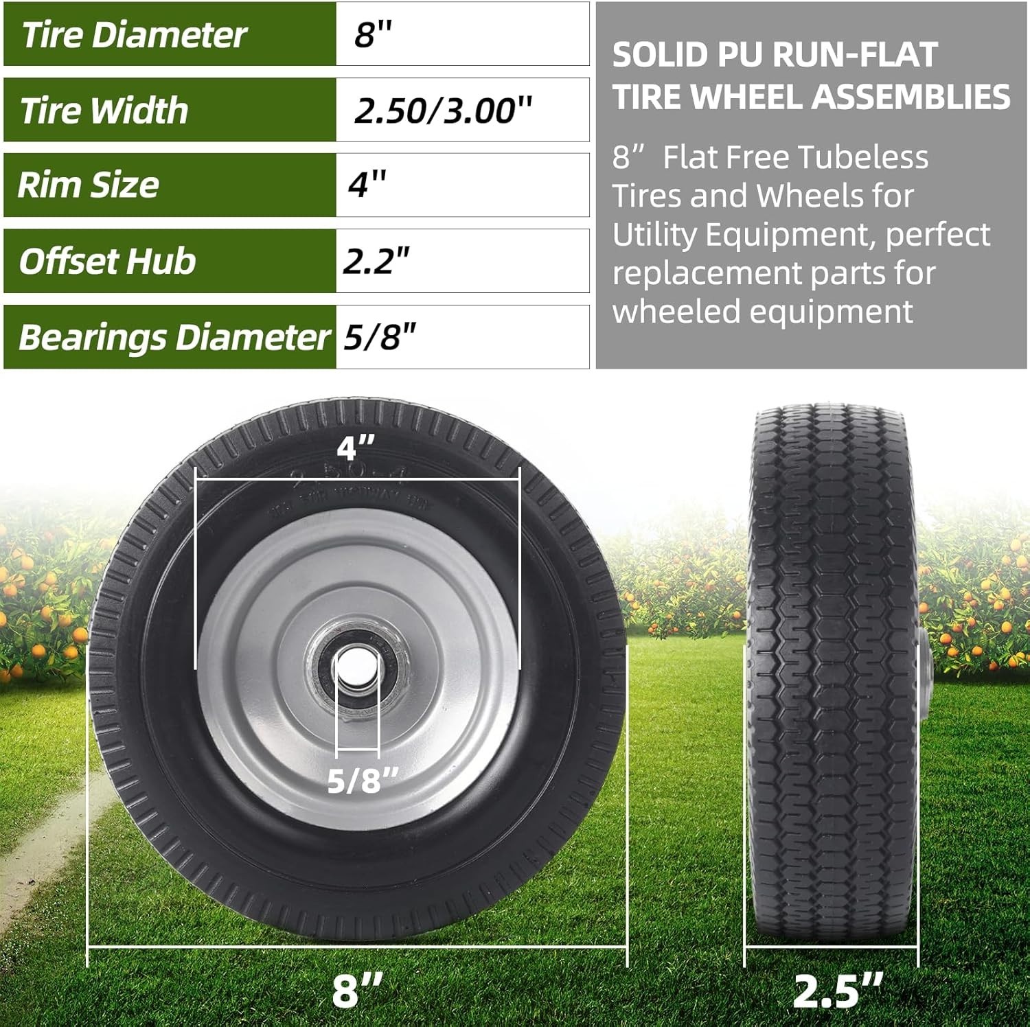 2-Pack 8-Inch Solid Wheel Replacement Flat Free Tire and Wheel for Hand Truck