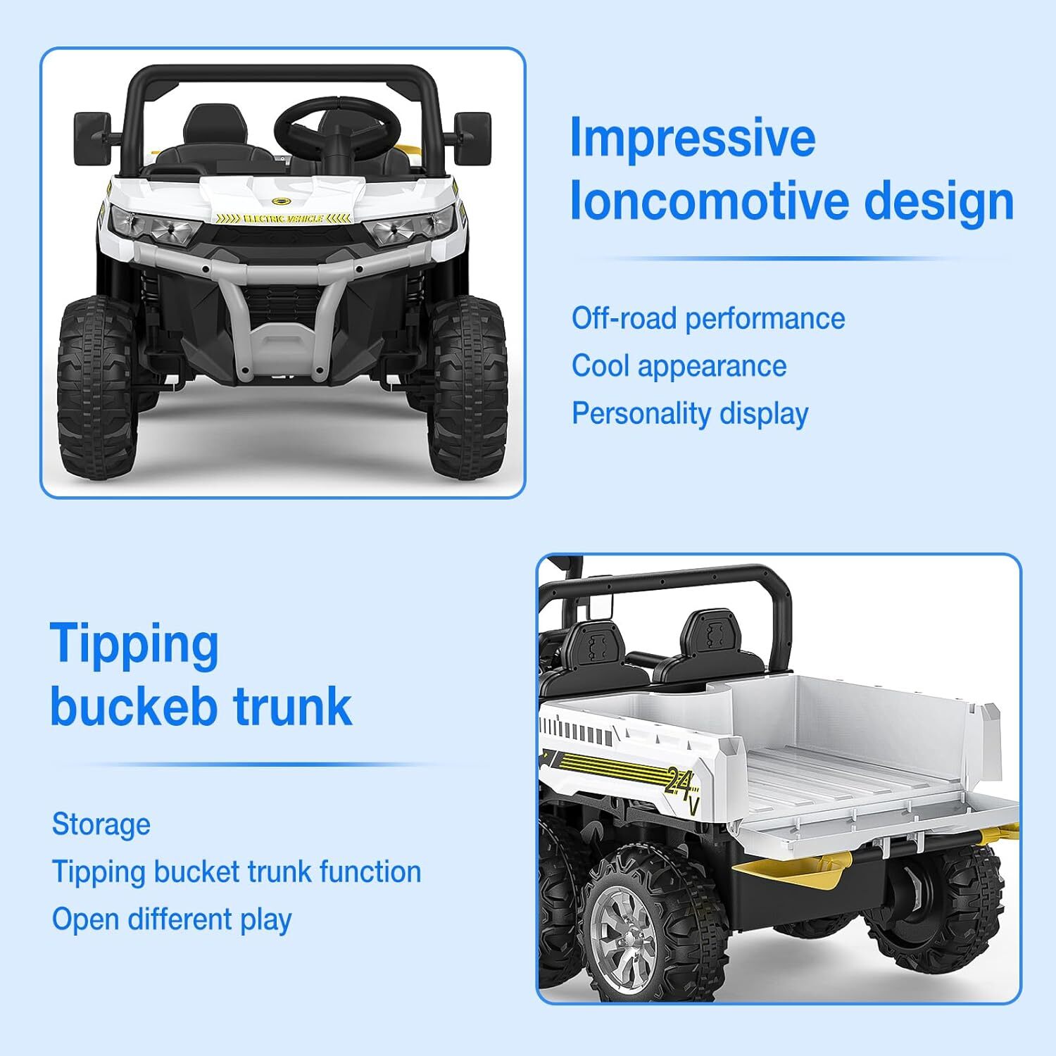 2 Seater Ride on Car 24V Electric Kids Dump Truck 4WD Off-road White With Remote