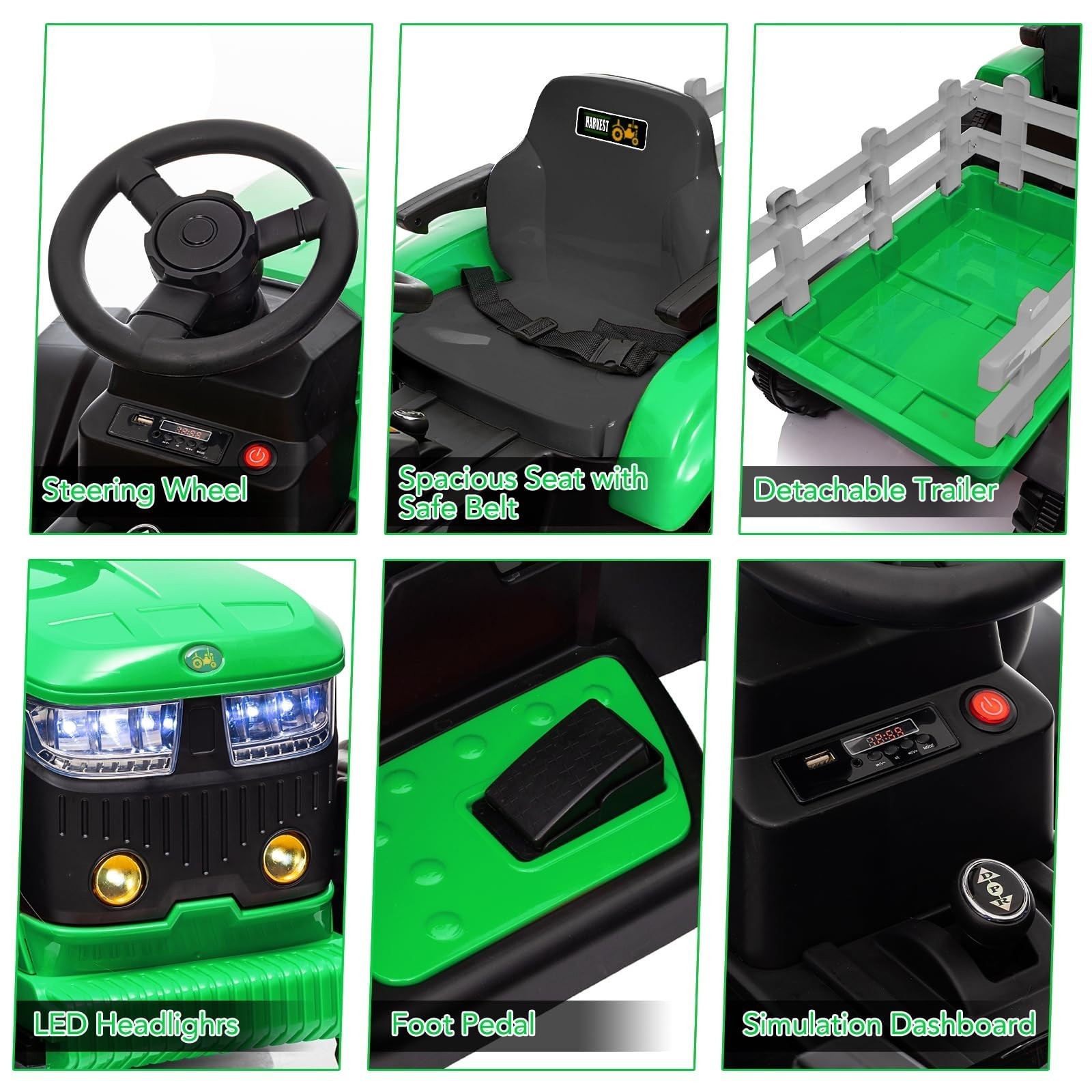 12V Kid Electric Tractor w/Trailer &Remote Control Music Gift 3-8Y Green Toy Car