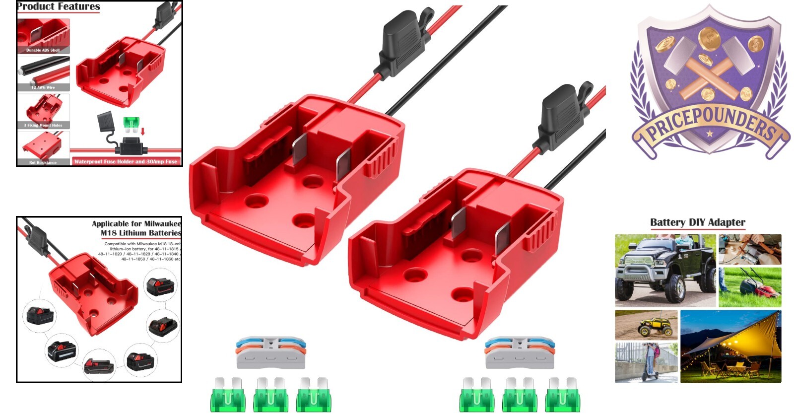 18V Milwaukee M18 Power Wheel Adapter Set – 2 Adapters with Heavy-Duty Fuses
