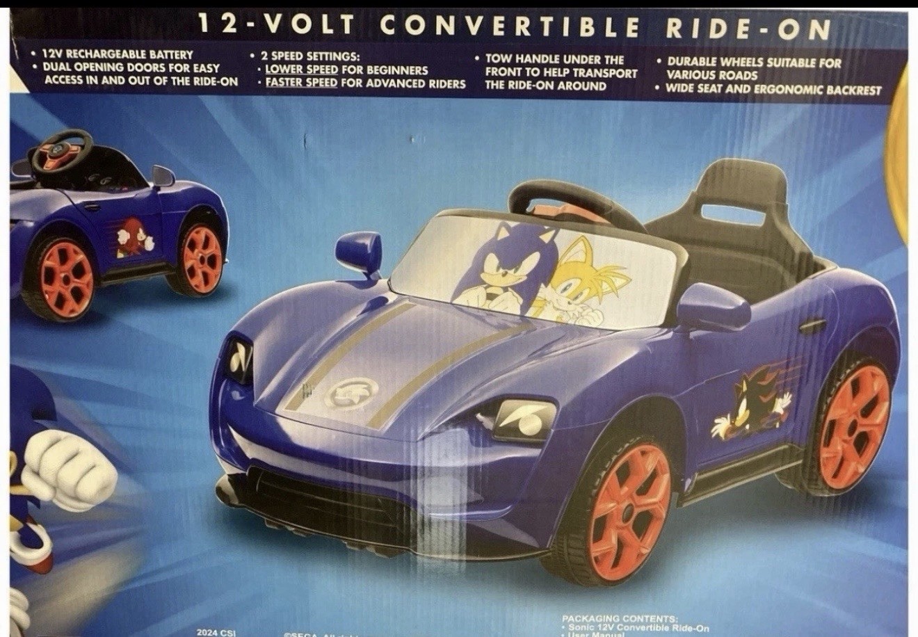SEGA Sonic the Hedgehog 12V Battery Convertible Ride-On Car Blue Red Wheels