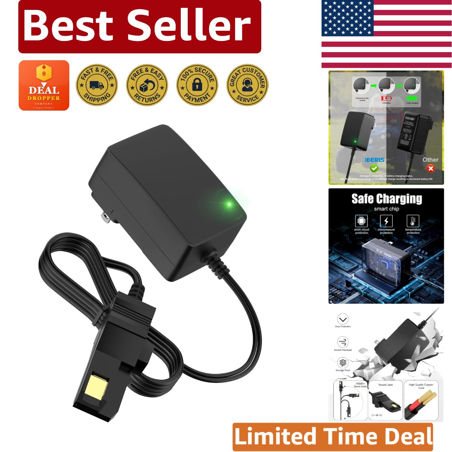 Durable 12V Charger for Power Wheels with 6.5FT Cord & LED Status Light