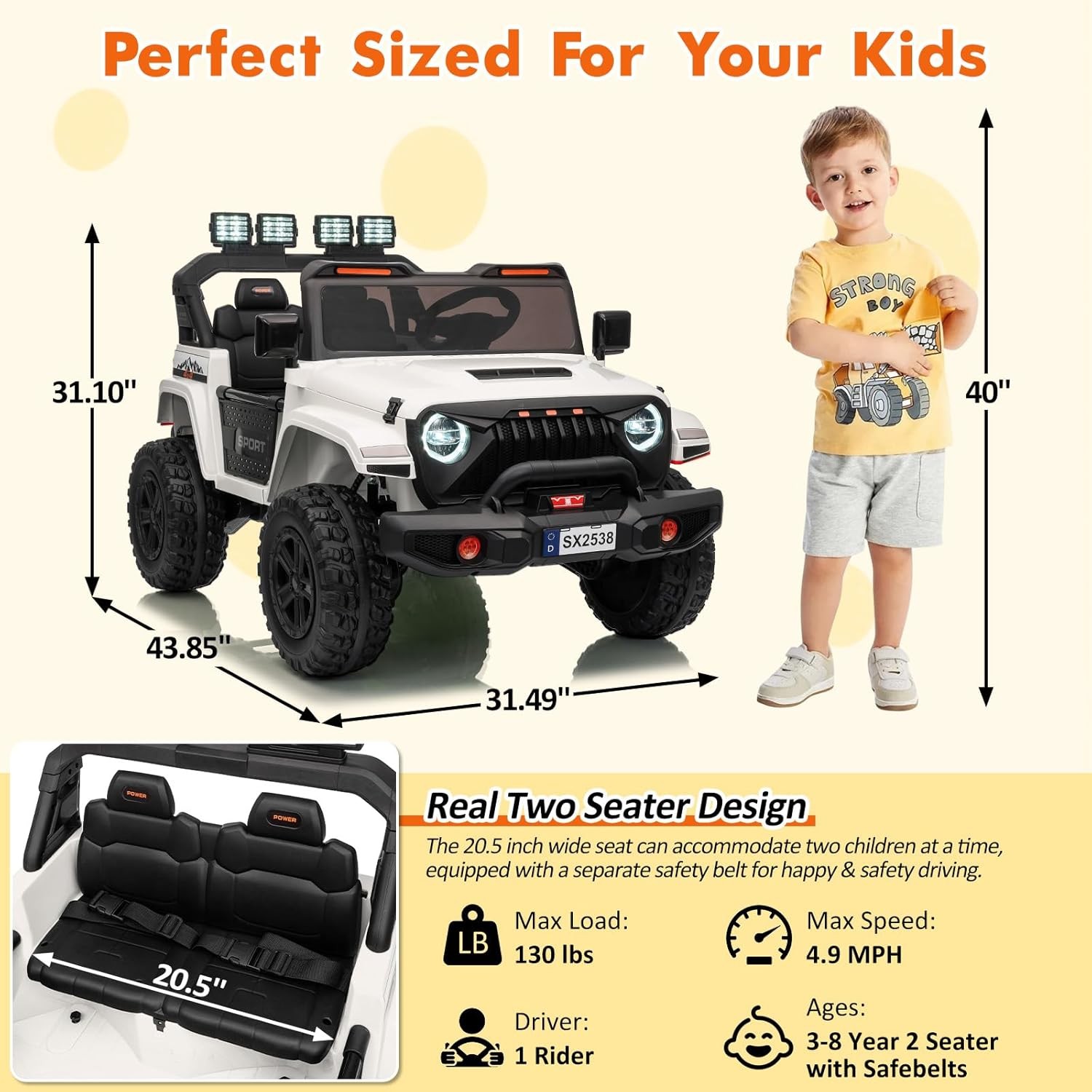 24V 4WD Kids Ride-On Car, Extendable Body & 3 Speeds for Big Kids Ages 3+, White