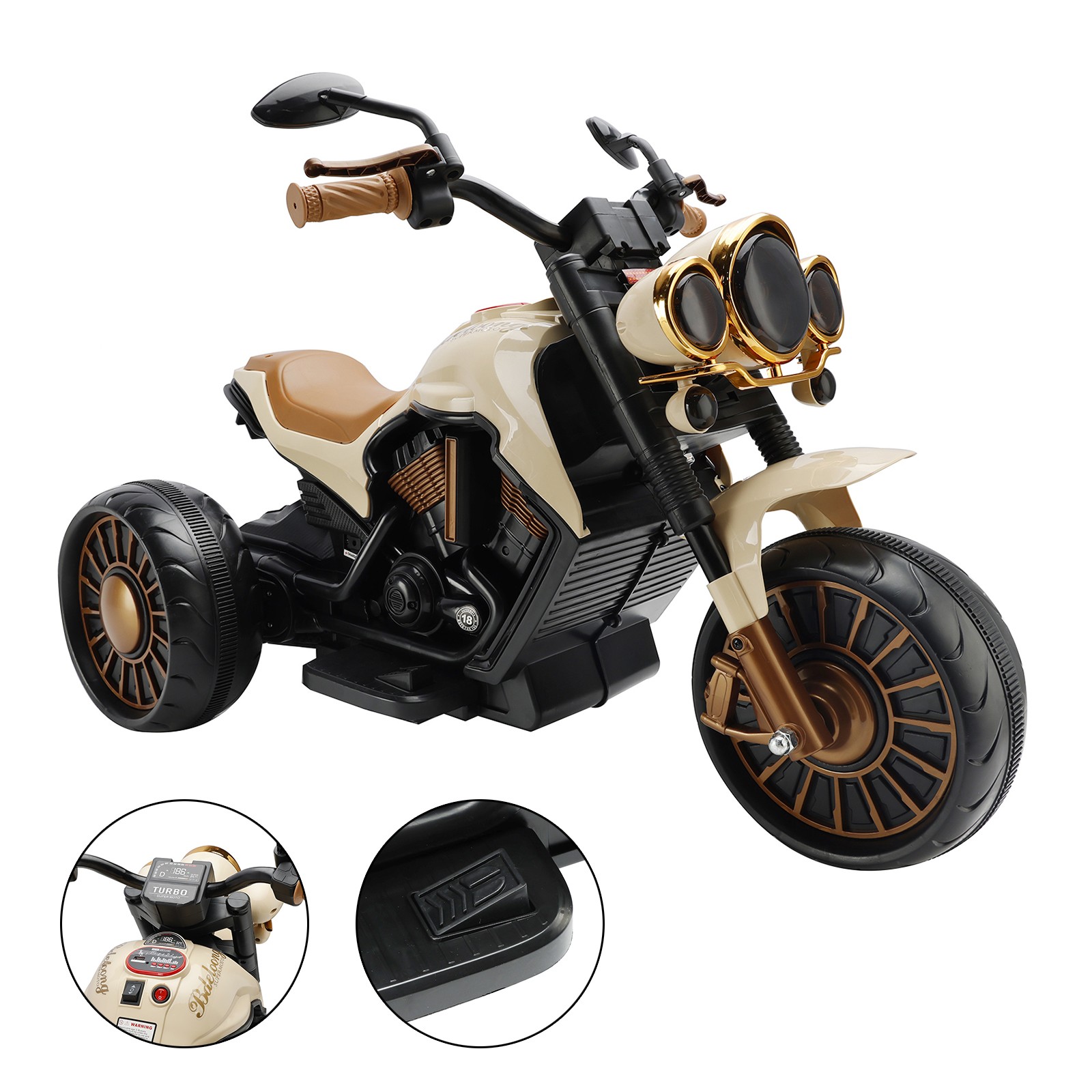 3 Wheel Kid Ride On Motorcycle Electric Dual Drive Toy Car With LED Light Brown