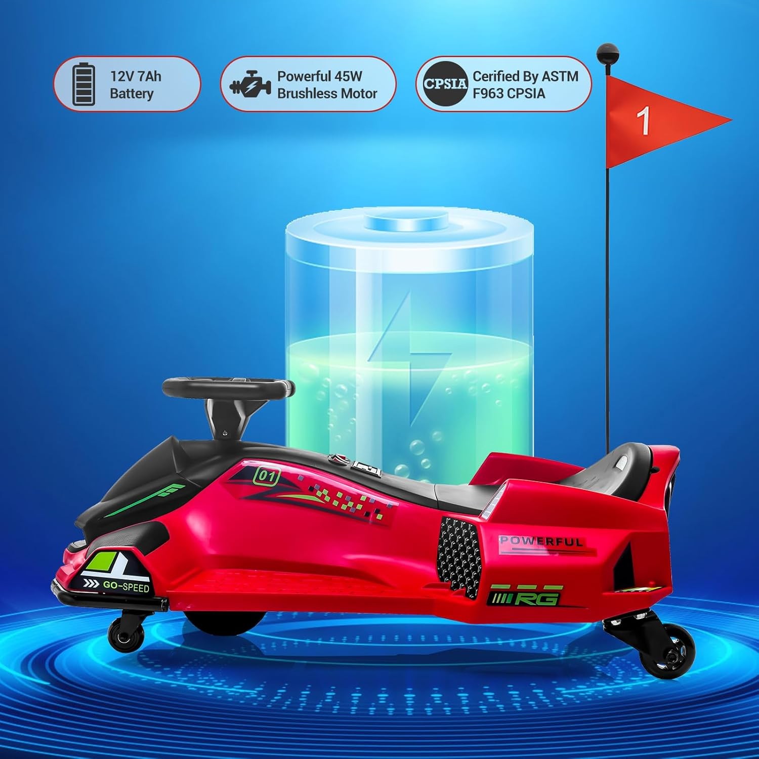 12V Kids Drift Car, Brushless Motor, Adjustable Speed, Anti-Tip Wheels, 8-12 Yrs