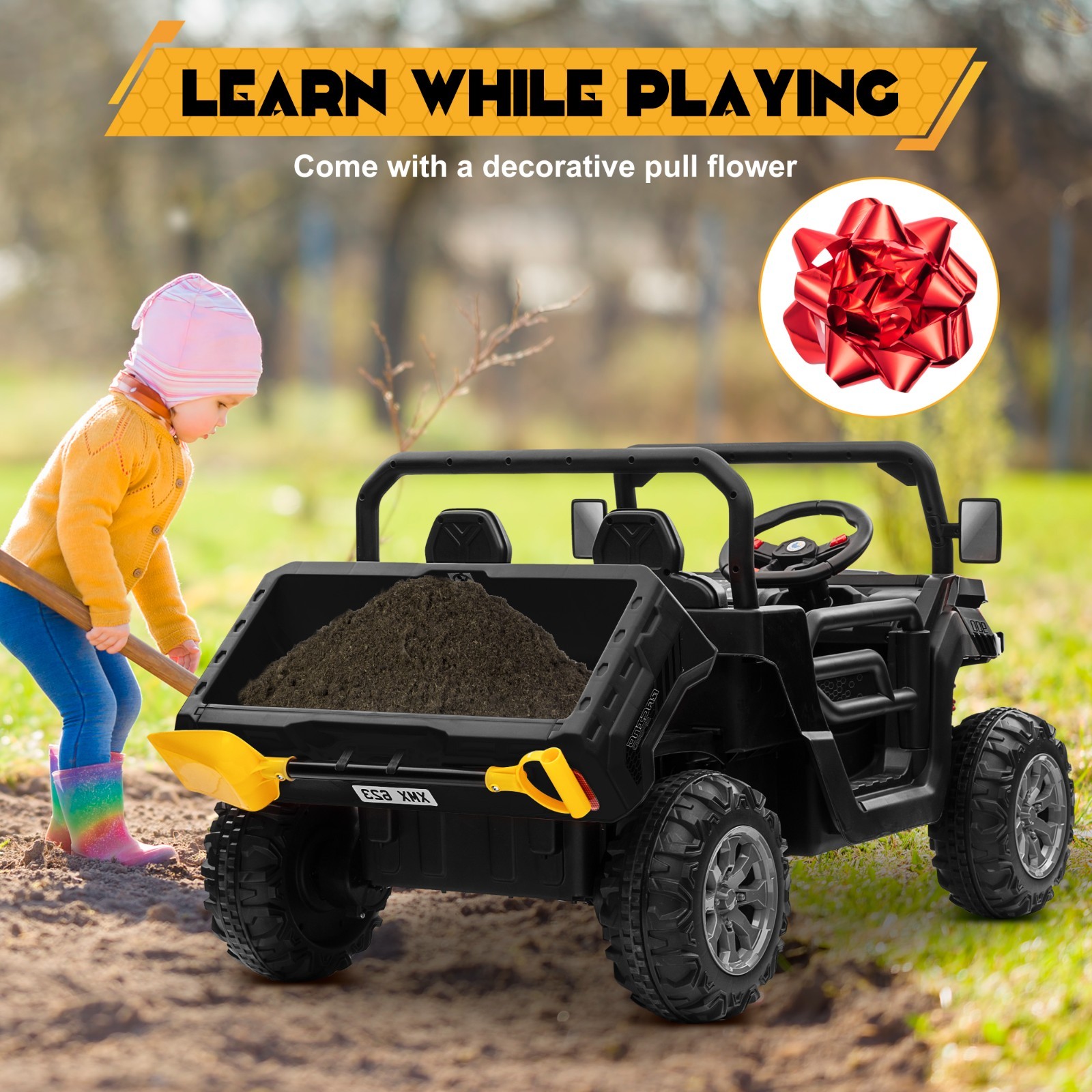 24V 4WD 2-Seat Kids Ride On Dump Truck Remote Trailer Shovel Bluetooth MP3 Black