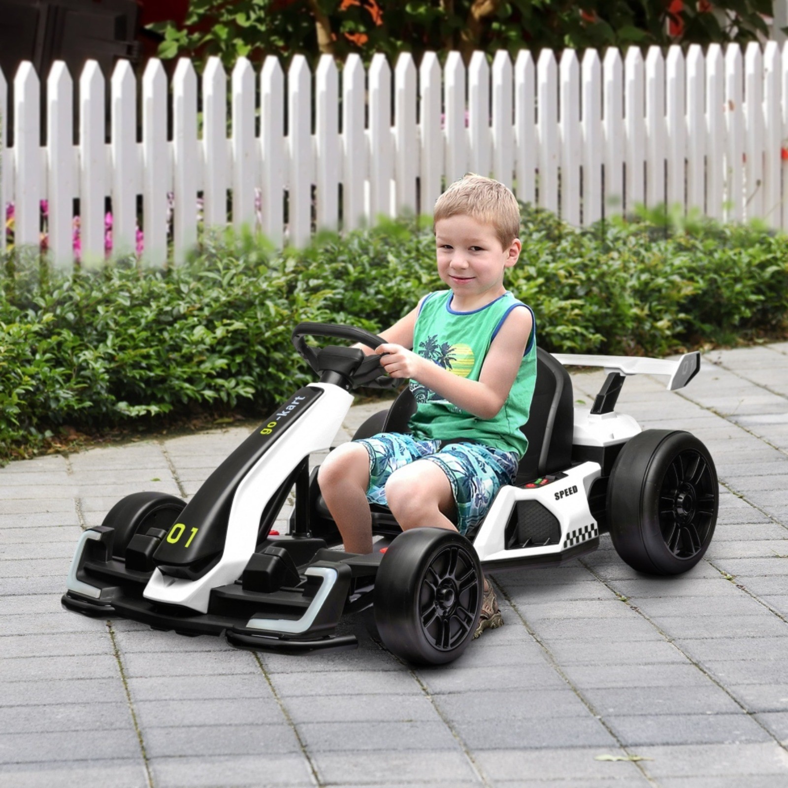 Aosom 24V 7.5 MPH Electric Go Kart Adjustable Seat Drifting for 6-12 White