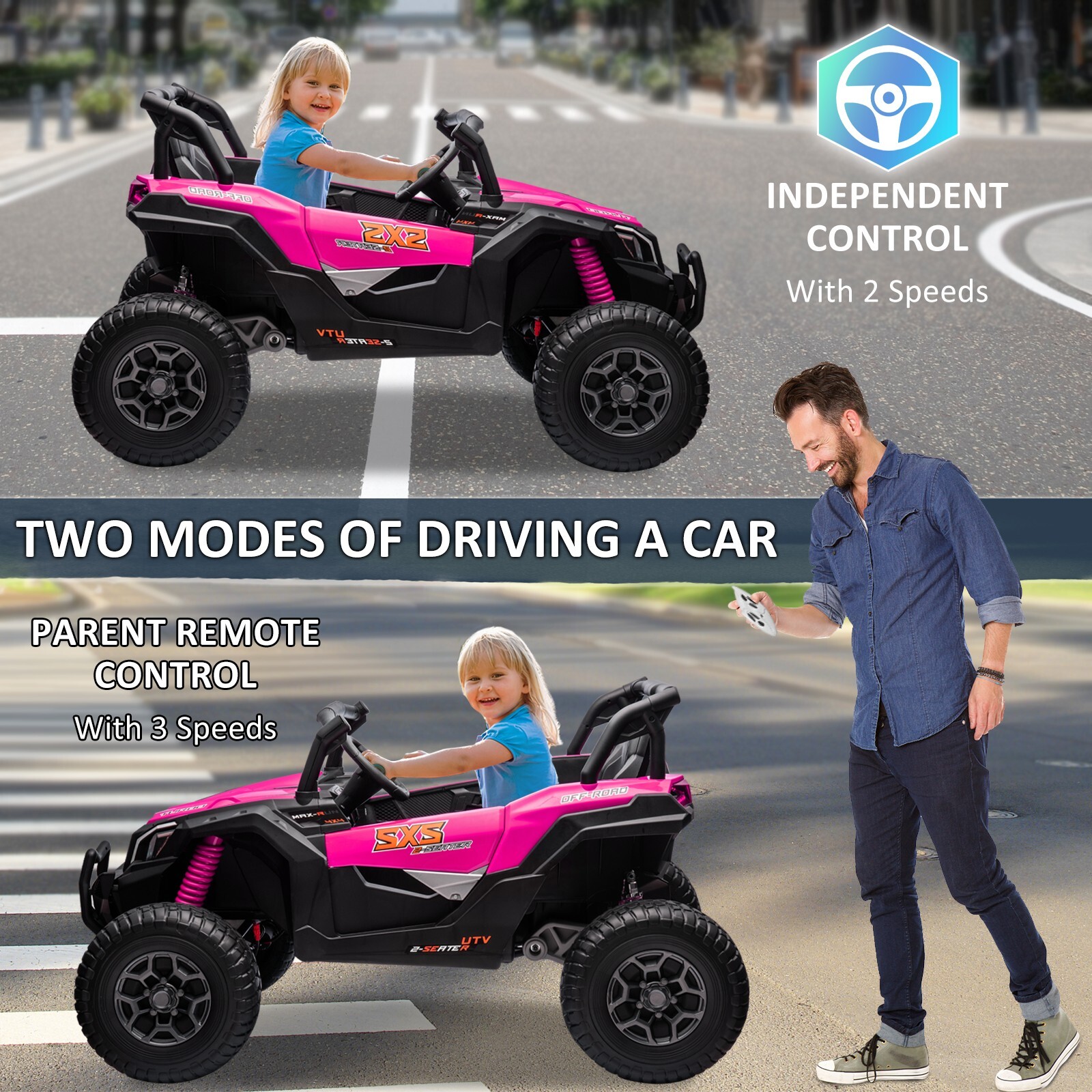 ZEOPHOL 24V Kids Ride On Car UTV Truck 4WD 2-Seater 4X200W Motor EVA Wheels Pink