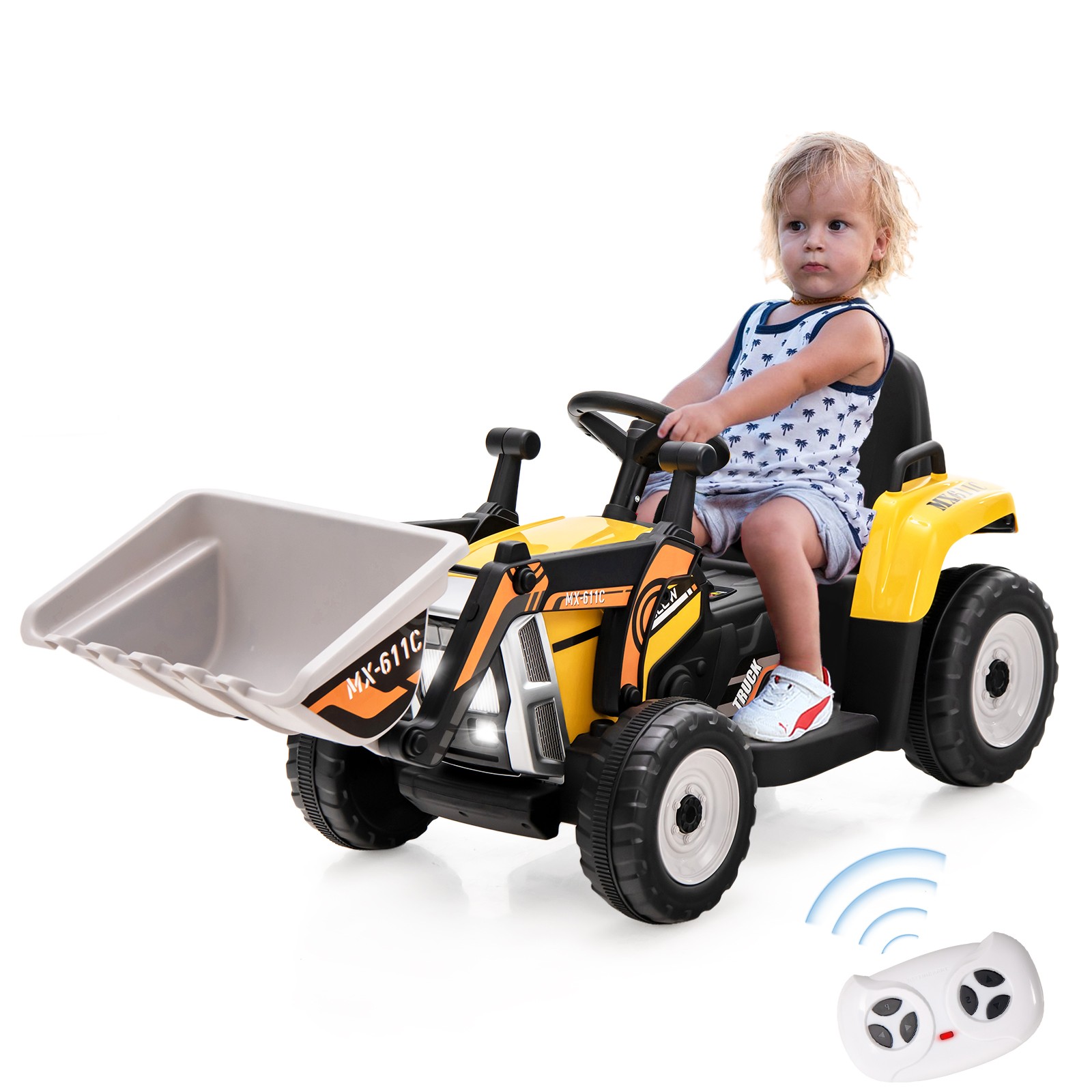 Kids Ride On Excavator Digger 12V Electric Tractor RC w/ Digging Bucket Yellow