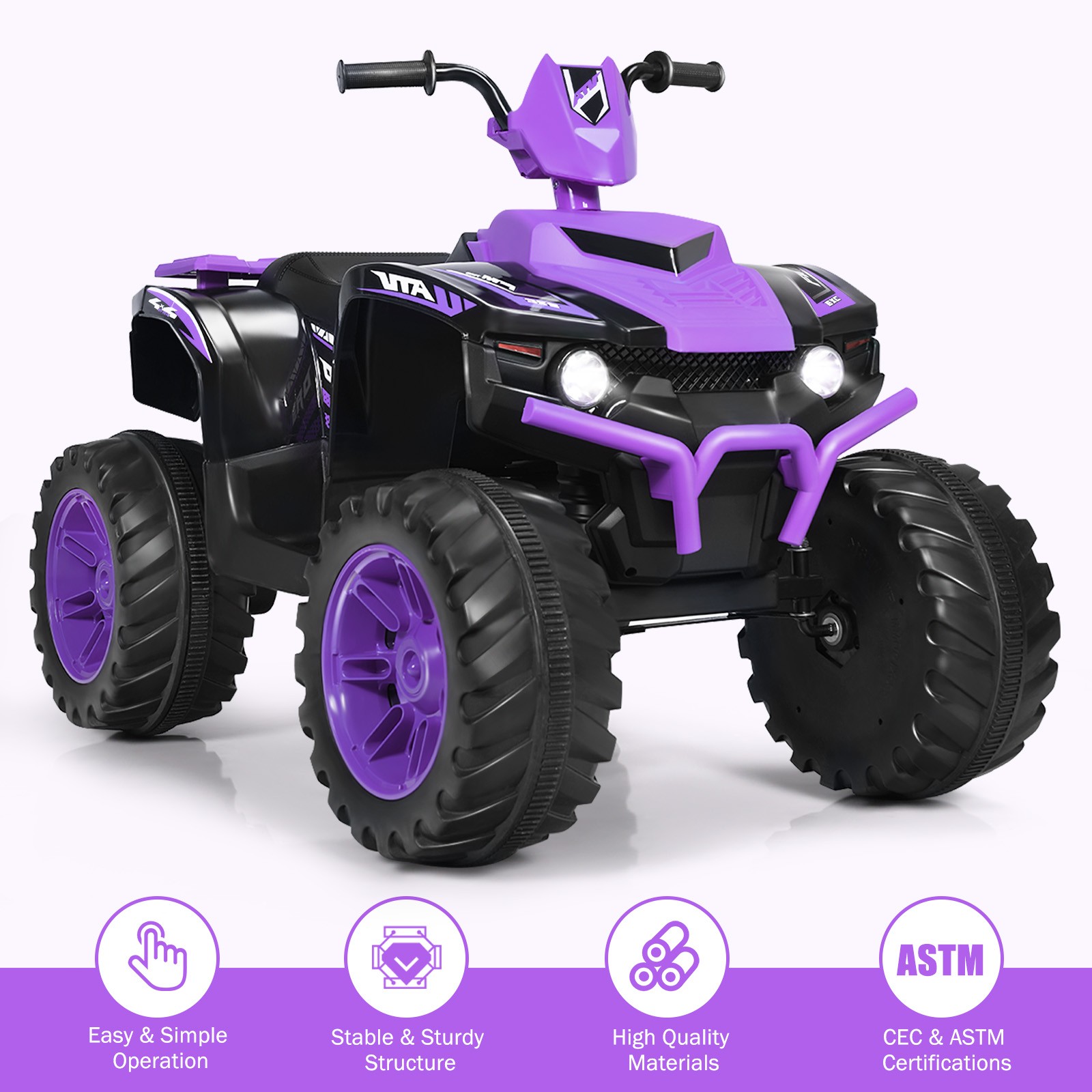 Costway 12V Kids 4-Wheeler ATV Quad Ride On Car w/ LED Light & Music Purple