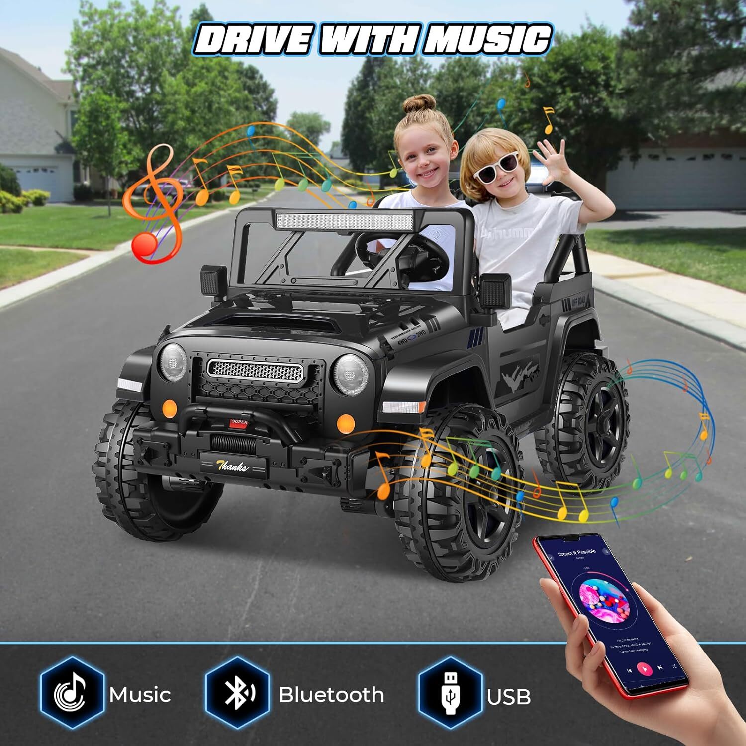 2 Seater 24V Ride On Jeep for Kids, 4x200W Motors, Suspension, White