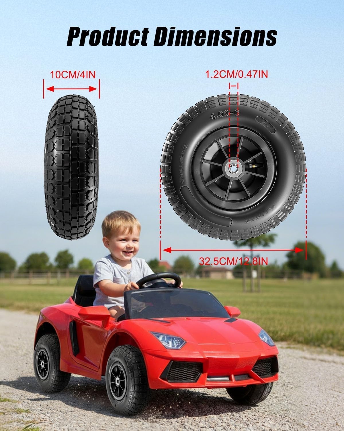 2-Pack 12″x4″ Rubber Pneumatic Tire for Power Wheel Ride On Car, 12in Replace…