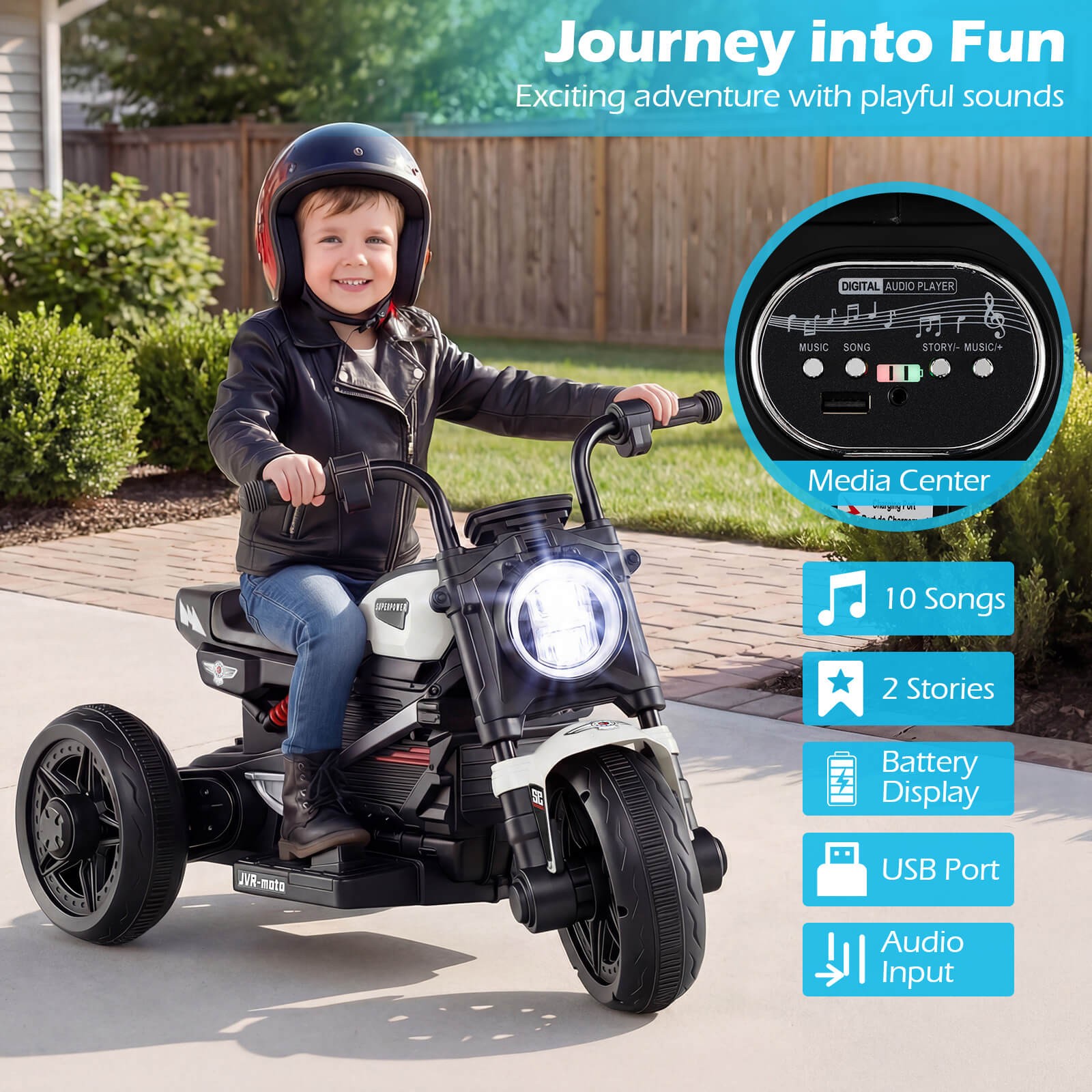6V Kids Motorcycle w/Song,Story,LED Headlights,Accelerator Pedal&3 Wheels,White