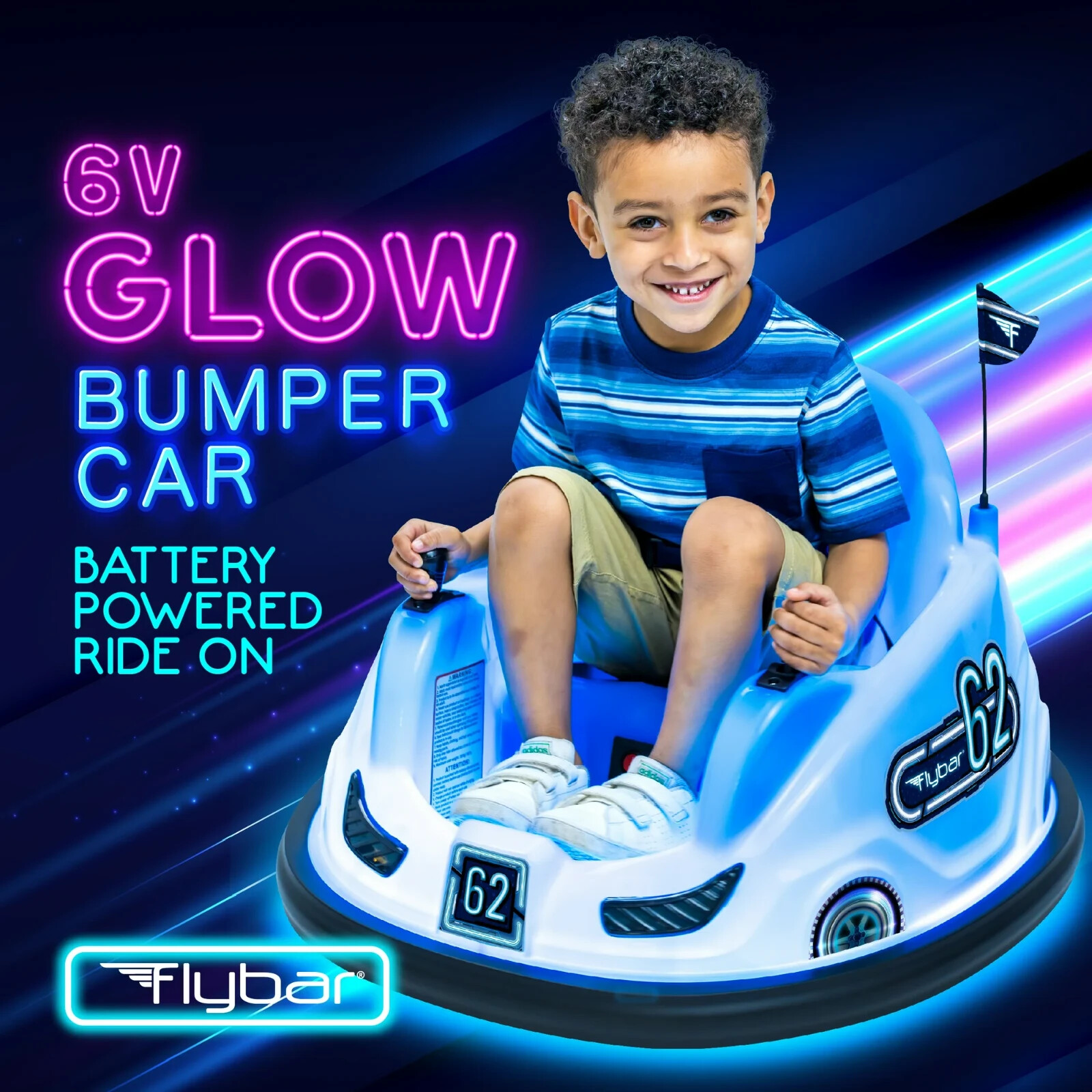 Glow 6V Battery-Powered Bumper Car Ride-On w/ 3 Light Patterns, Ages 1.5+, Blue