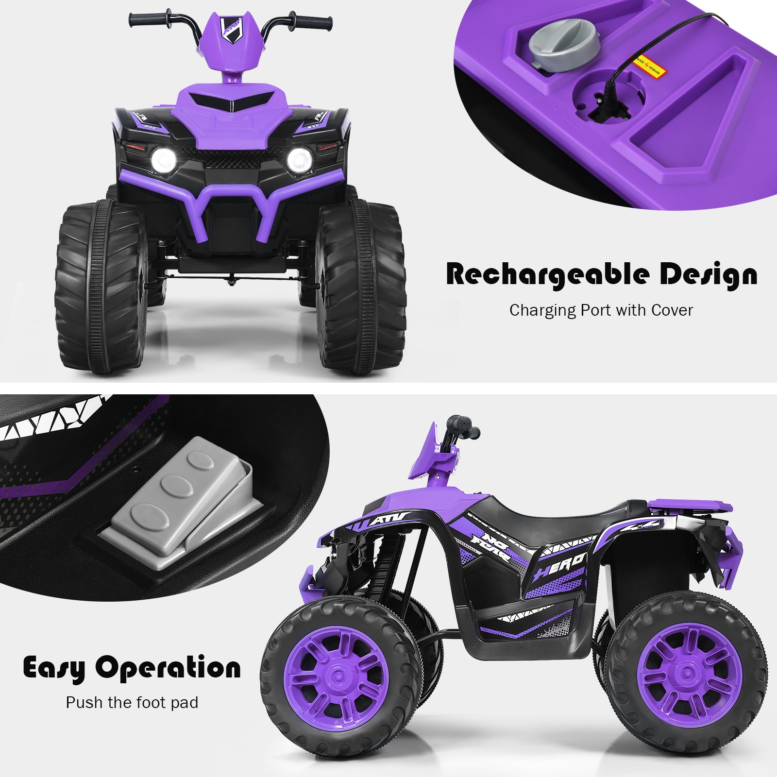 Costway 12V Kids 4-Wheeler ATV Quad Ride On Car w/ LED Light & Music Purple