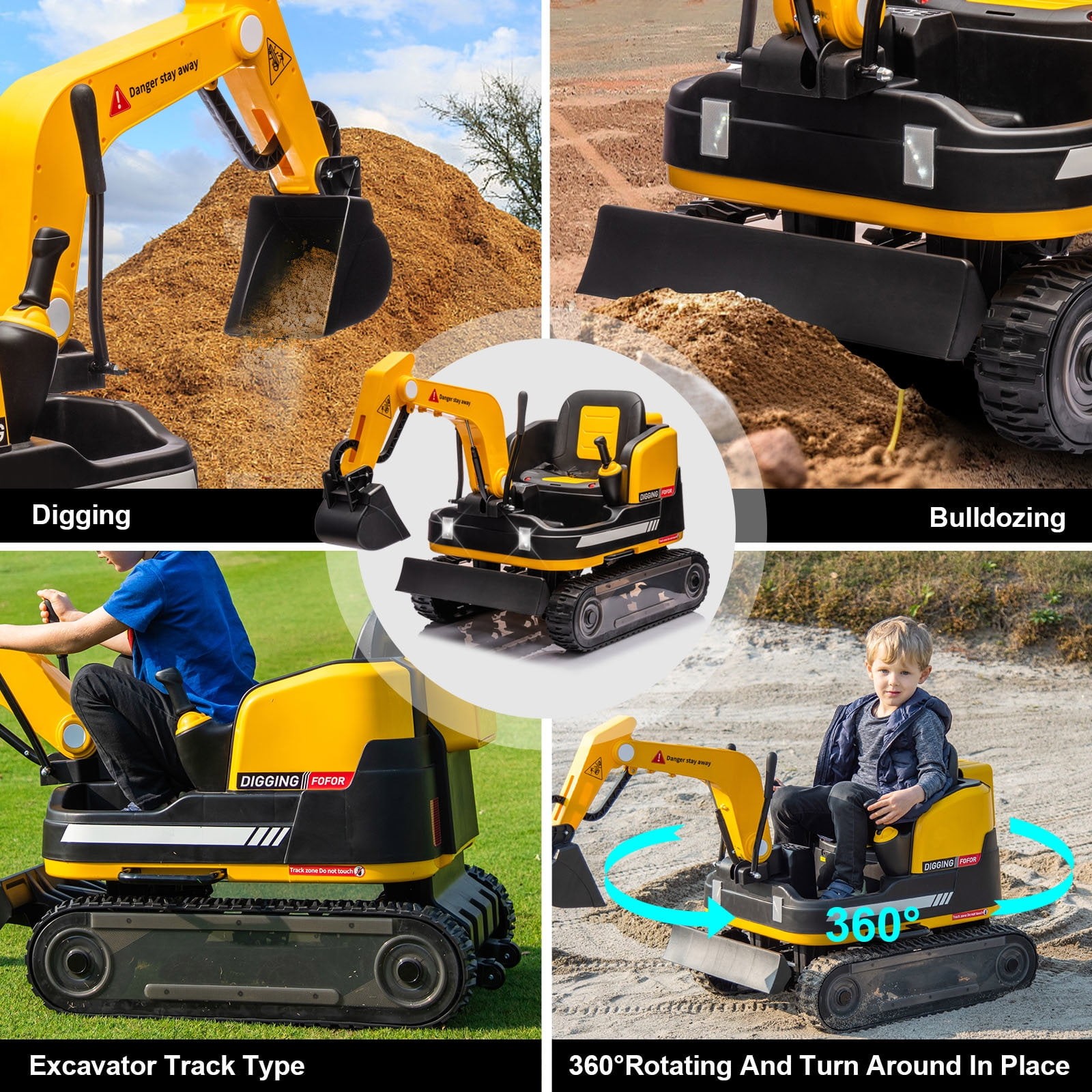 12V Electric Kids Ride On Excavator Bulldozer Remote Control 360 Degree Rotating