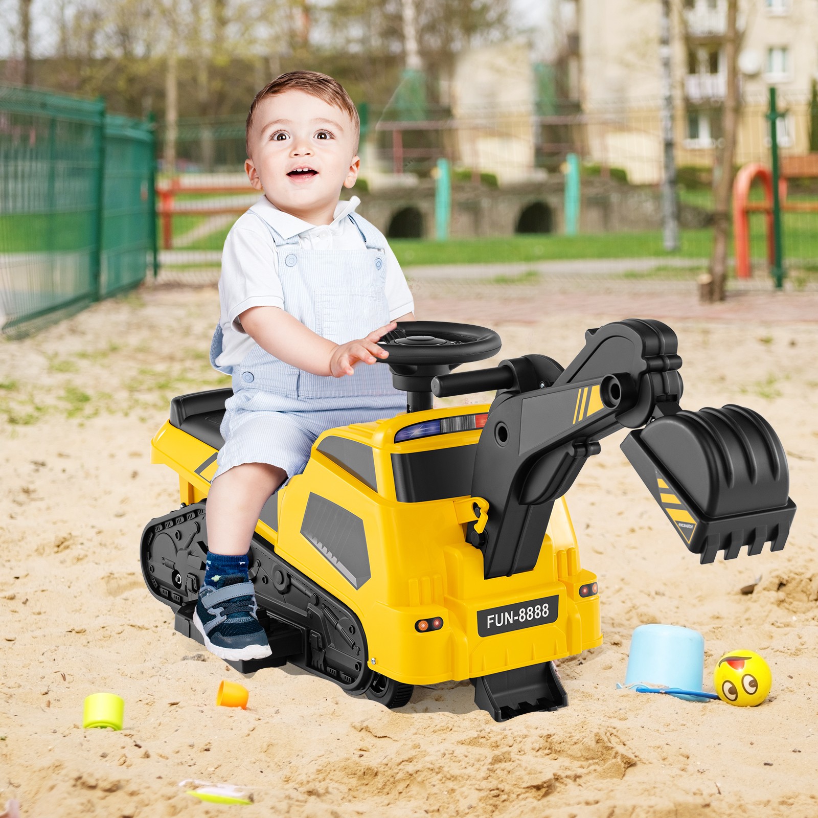 6V Ride on Tractor 3-in-1 Electric Excavator w/ Adjustable Arms Music Yellow Toy