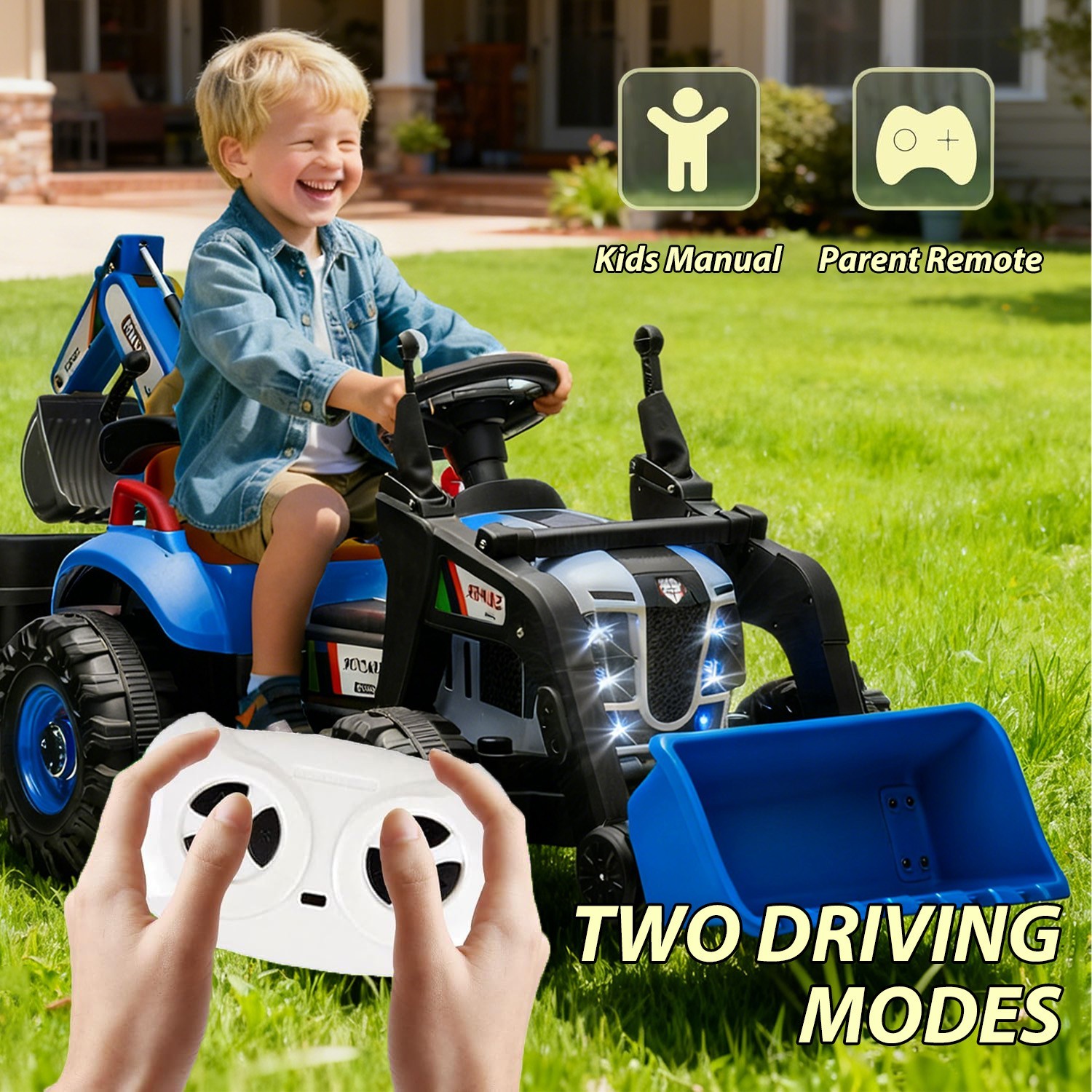 24V Kids Ride on Tractor 4-in-1 Excavator Dump Truck W/Remote 3-Speed Adjustable