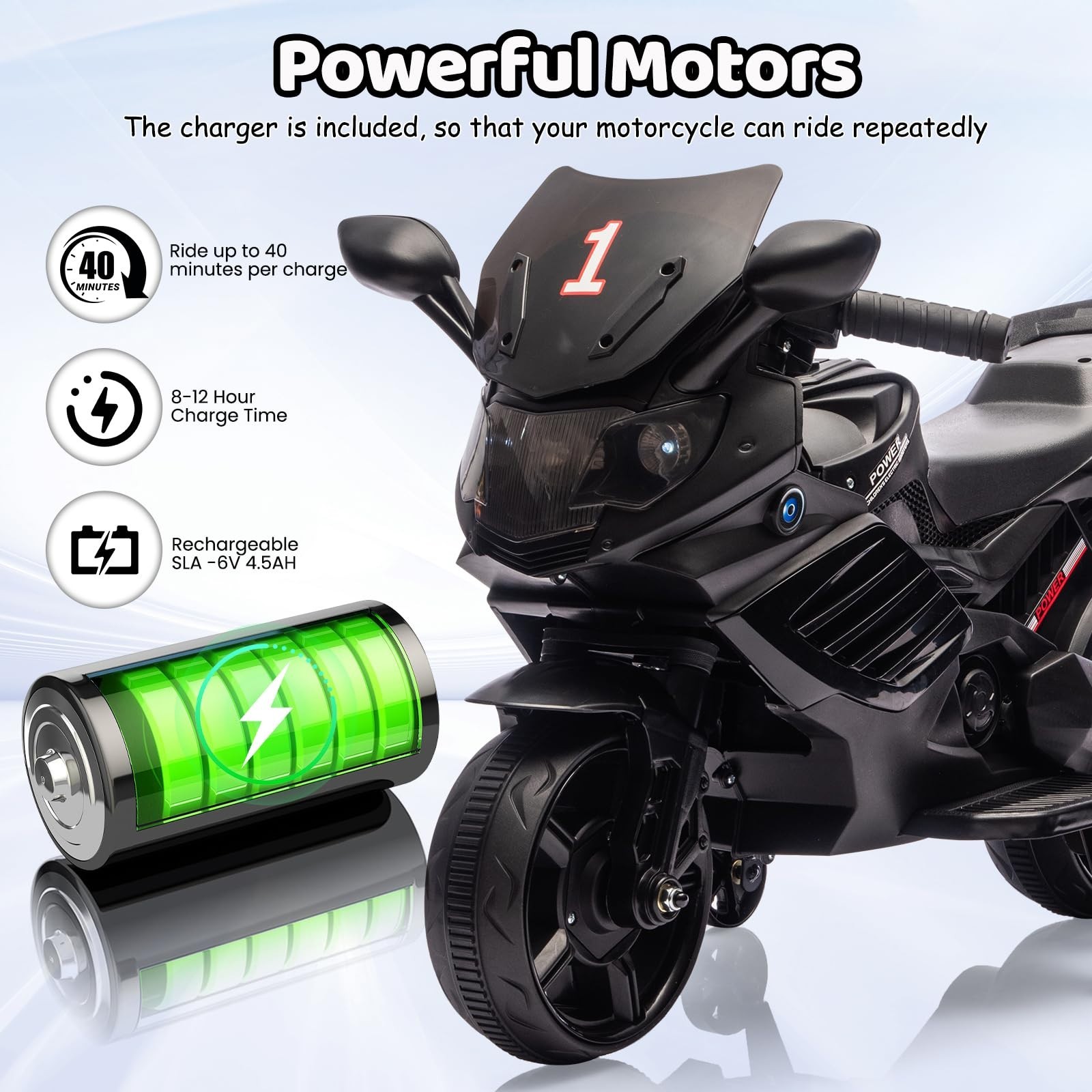 6V Kids Ride On Motorcycle – Battery Powered, Treaded Tires, Headlight, Horn, Mu