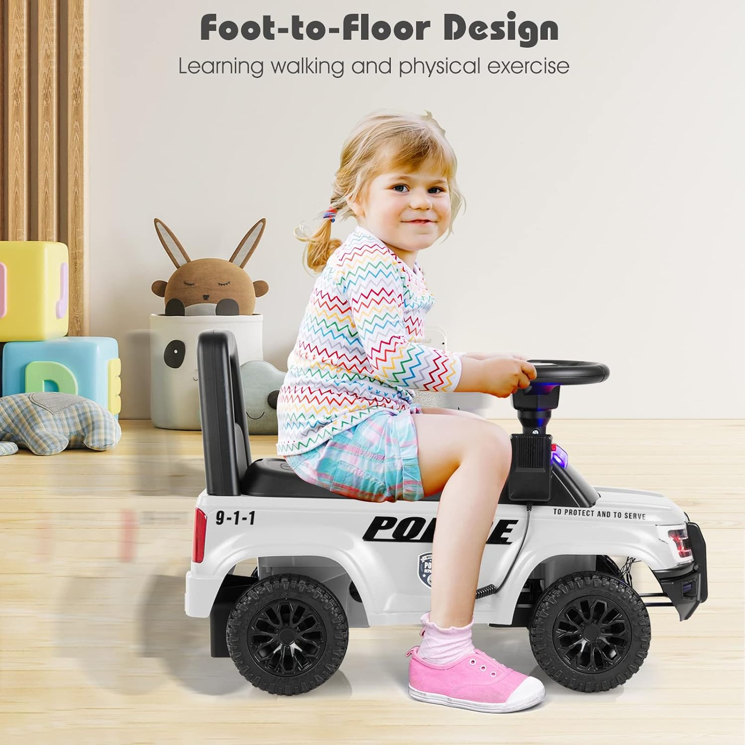 Ride on Push Police Car, Toddler Foot-To-Floor Sliding Toy with Siren, Steering