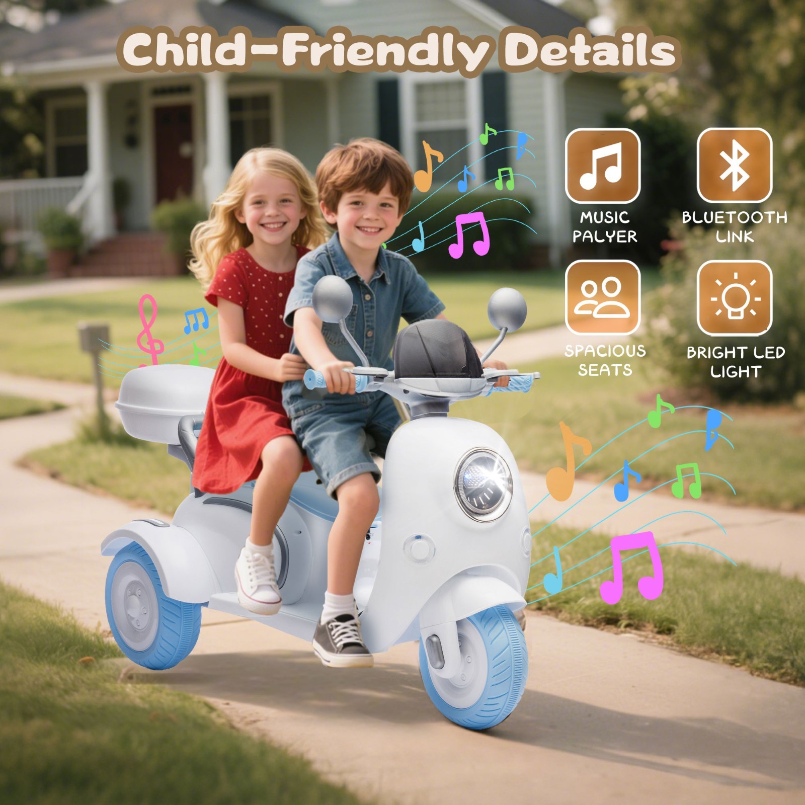 12V Ride on toys Kids Electric Motorcycle 2 Seater w/Bluetooth,LED, Blue
