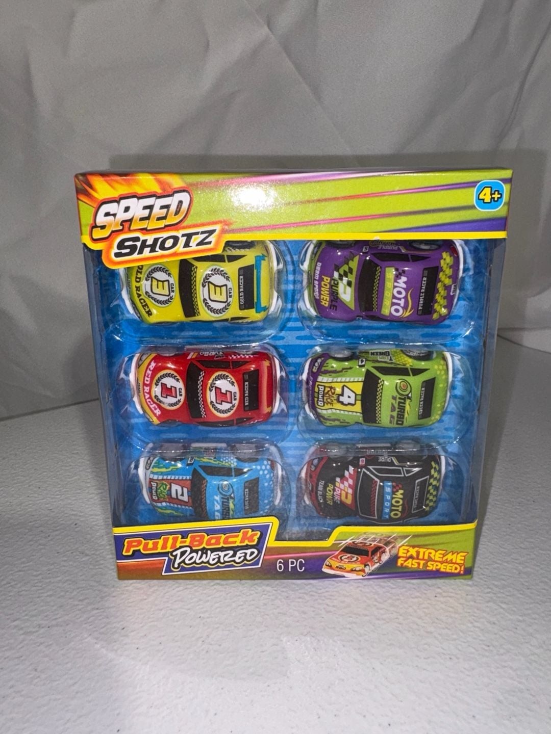 SPEED SHOTZ CARS Pull Back Race Car Set, 6 pc. Black Blue Red Green Purple Yello
