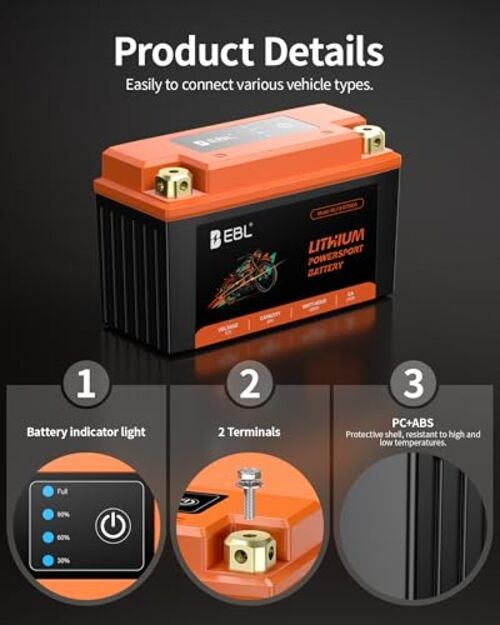 Lithium 120CCA Lithium LiFePO4 Motorcycle Battery, 12V 4Ah ATV, UTV, YT9B-BS