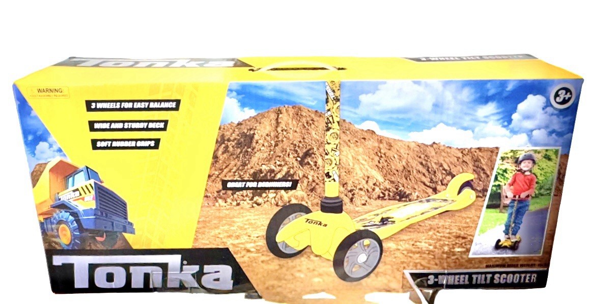 Tonka 3 Wheel Tilt N Turn Outdoor Scooter RARE Cars John Deer Yellow Age 3+ NIB