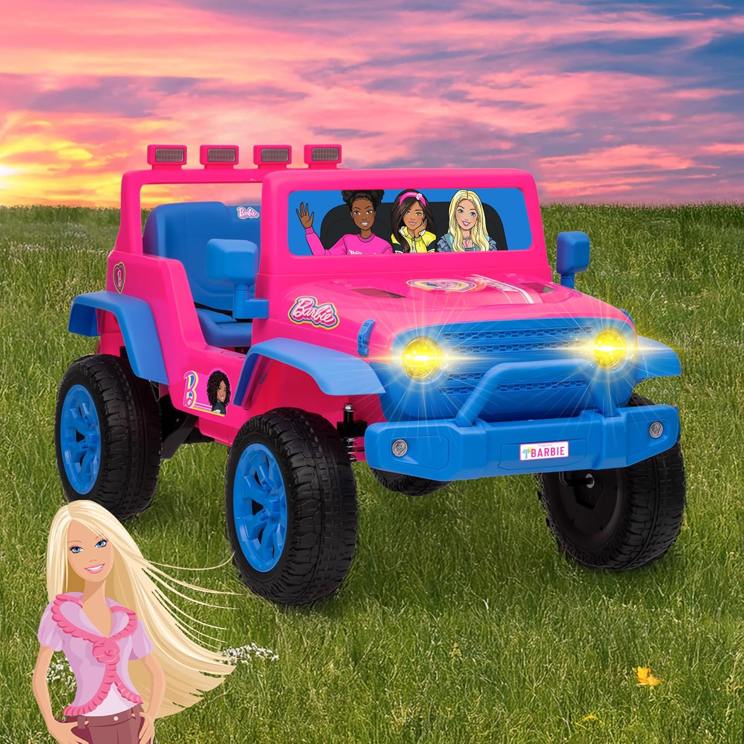 Barbie – 12V Kids Ride-On Jeep with Rechargeable Battery, LED Headlights, Press-