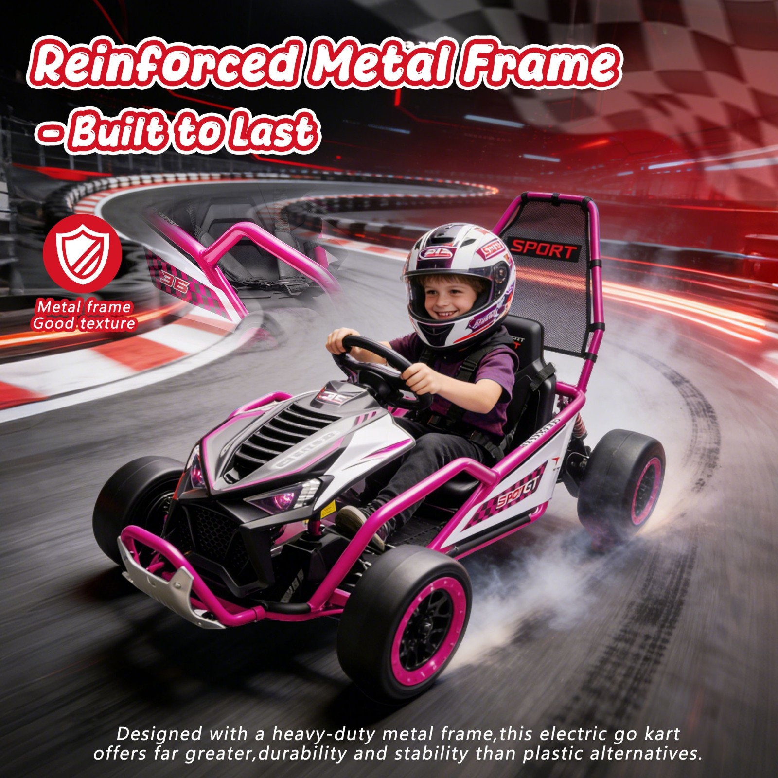24V Go Kart for Kids Electric Drift Car 5-7.5 MPH with Music 5-Point Safety Belt
