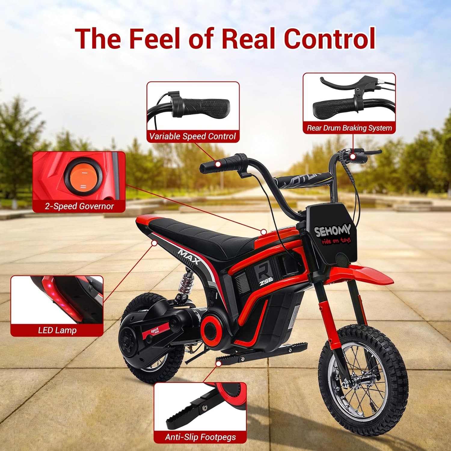 24V 350W Electric Dirt Bike Off-Road Electric Motorcycle Red for Kids 8-12 Years