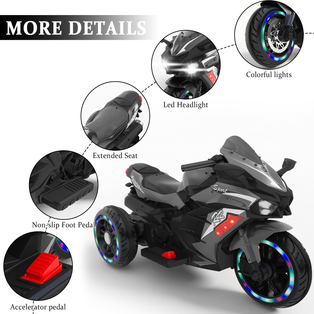 12V Gray Kids Electric Motorcycle, USB MP3 Function, Premium Gift for Kids