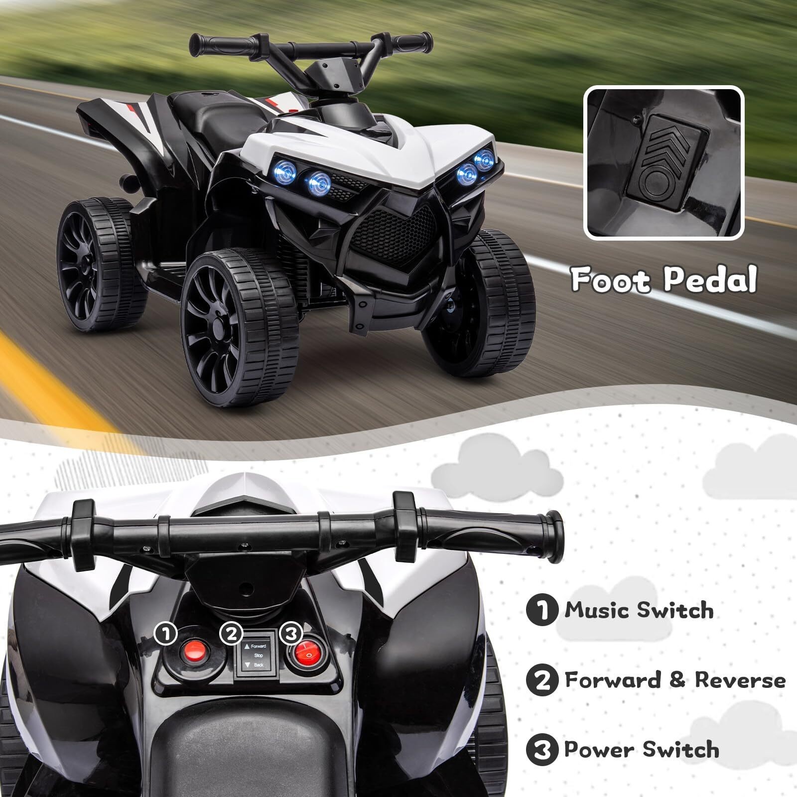 6V ATV Kids Ride on Quad Car Toy with LED Lights for Toddler 3+ Years Old Gifts