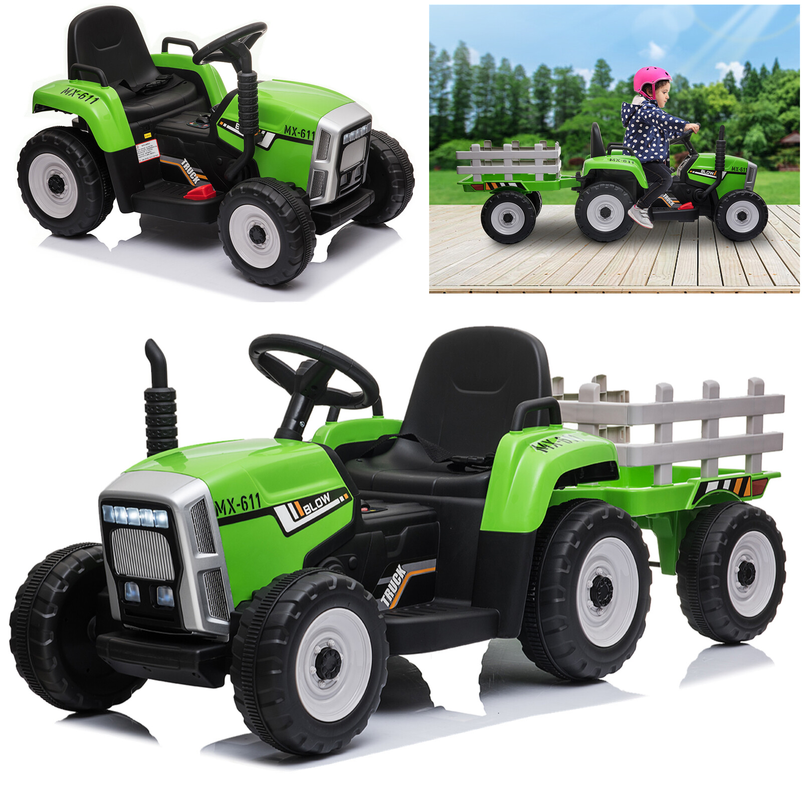 Electric 12V Kids Ride On Tractor Car Farm Truck W/Trailer Remote Control LED