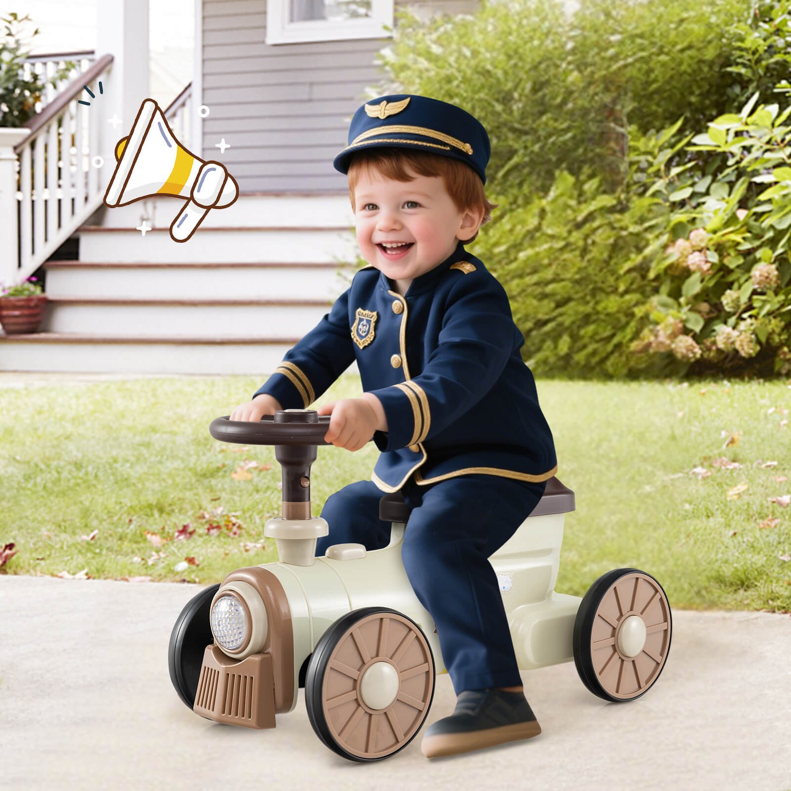Ride on Push Car with Storage Compartment & Train Whistle Sound Button