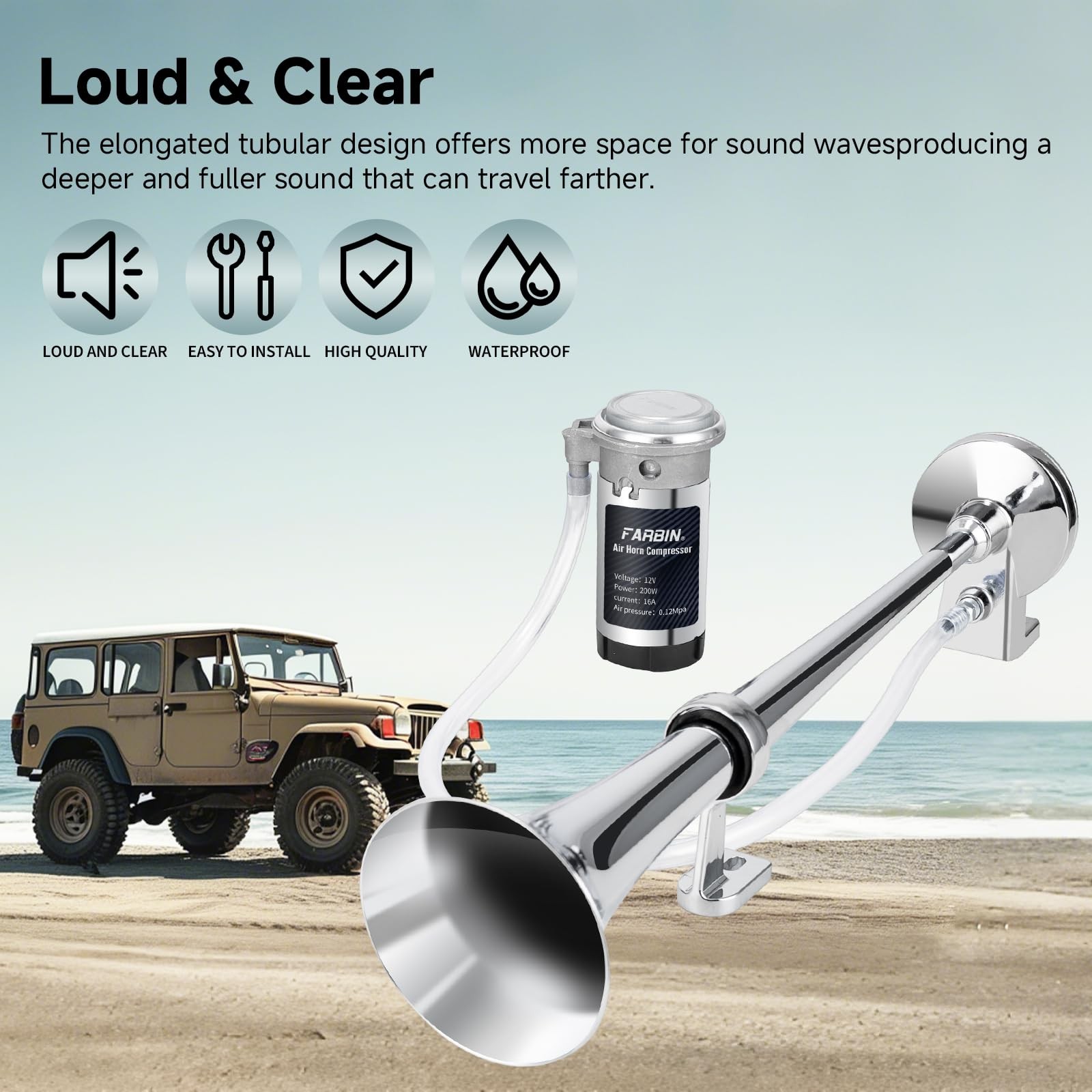 12V 150db Air Horn kit, Super Loud 18 Inches Chrome Zinc Single Trumpet Truck…