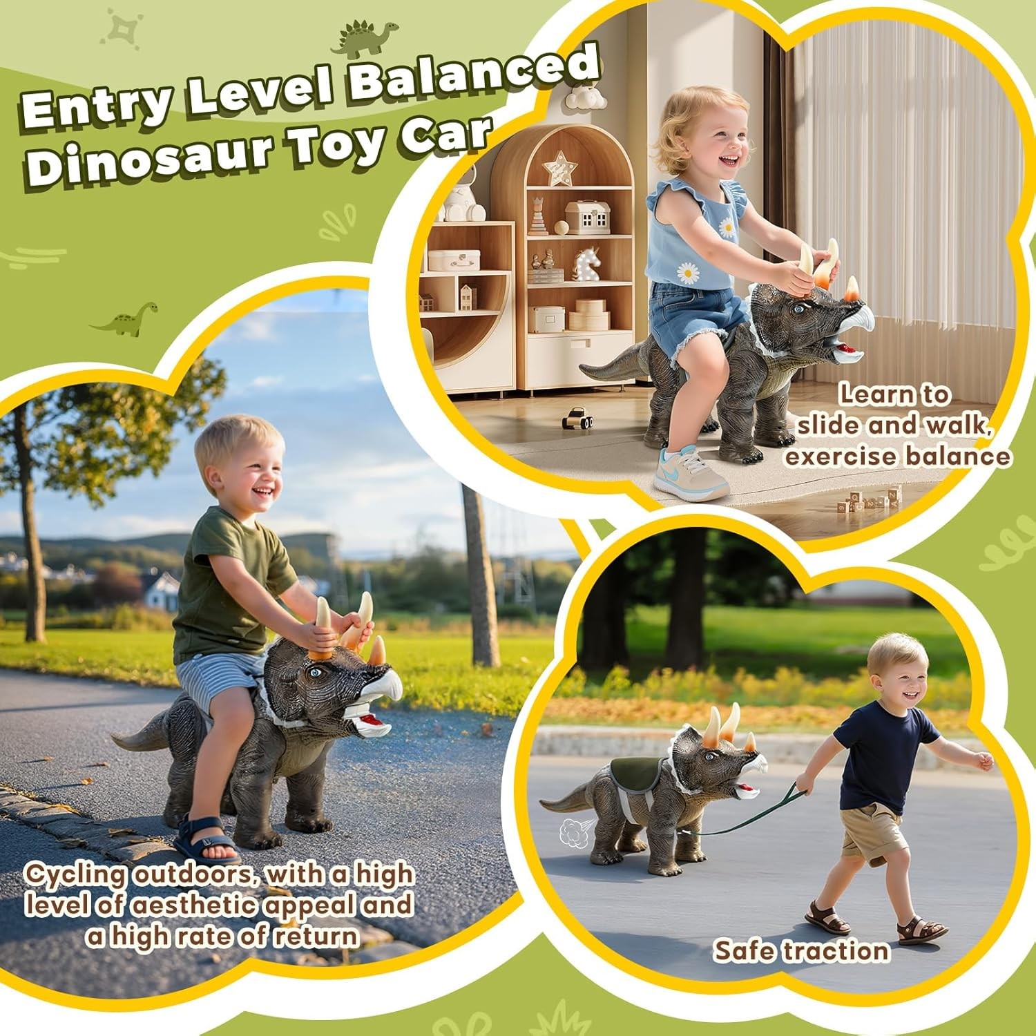 Dinosaur Ride on Toy Cars for Kids, Realistic Triceratops Push Car with Three So