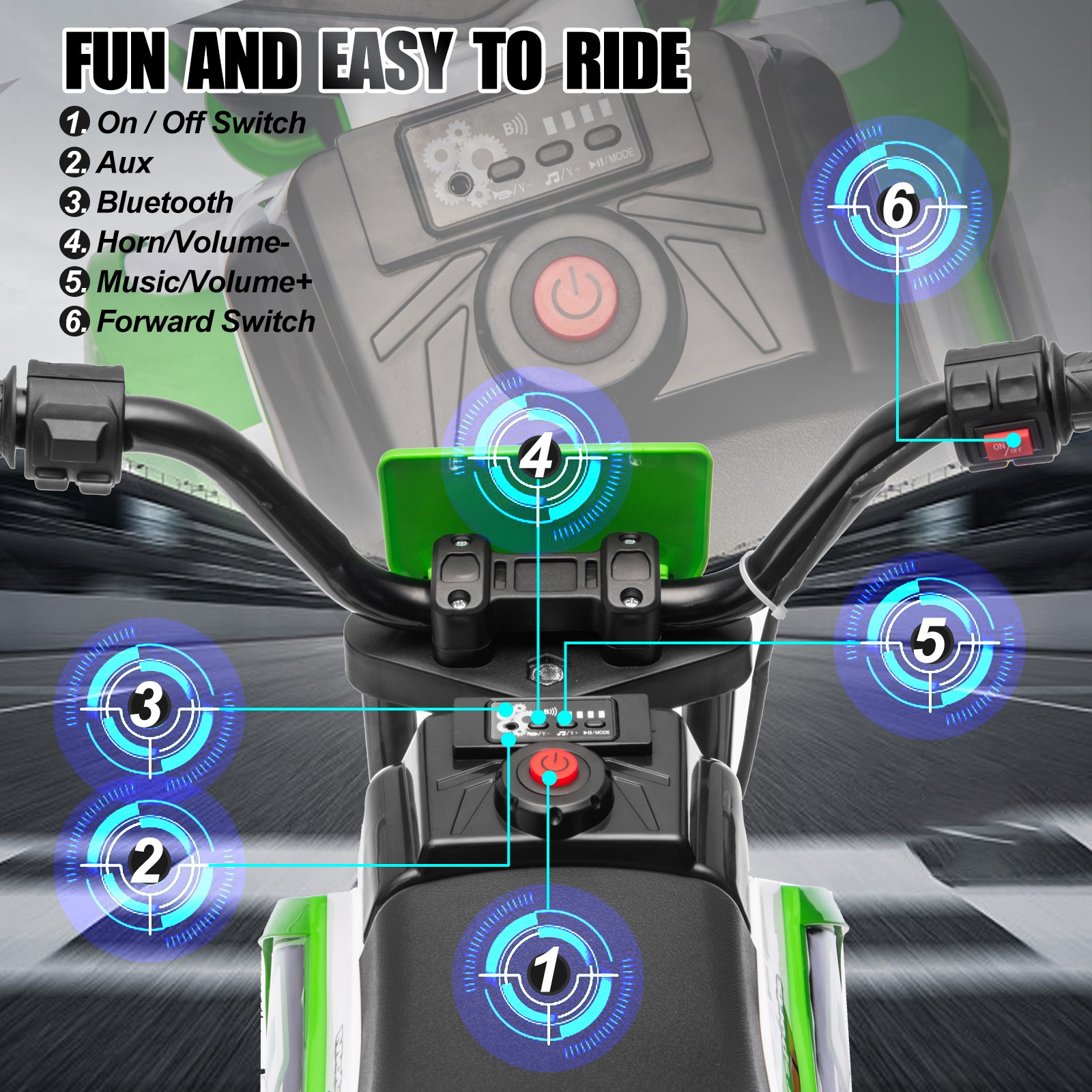 12V Kids Ride On Motorbike Motorcycle Dirt Bike with Music,Training Wheels Green