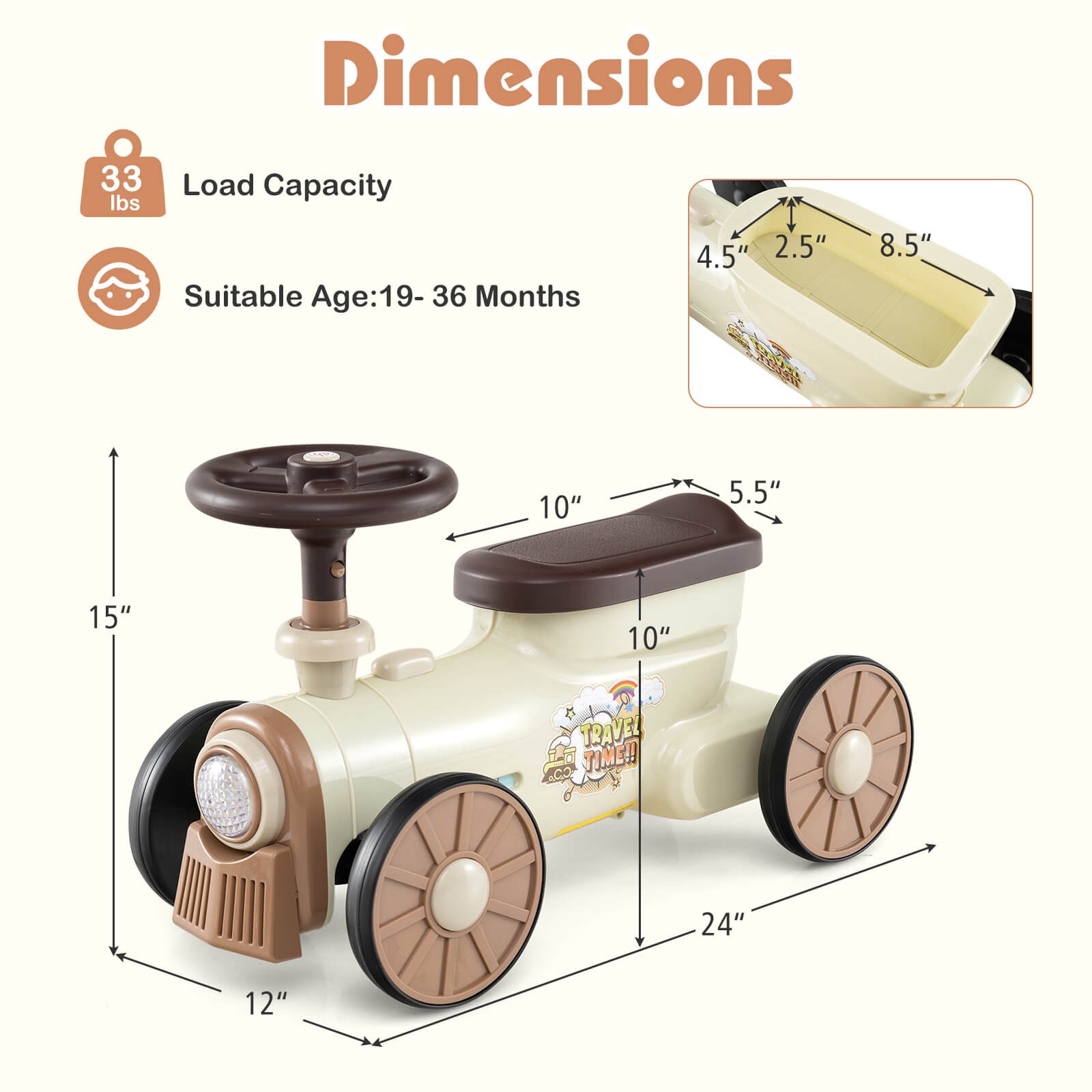 Ride on Push Car with Storage Compartment & Train Whistle Sound Button