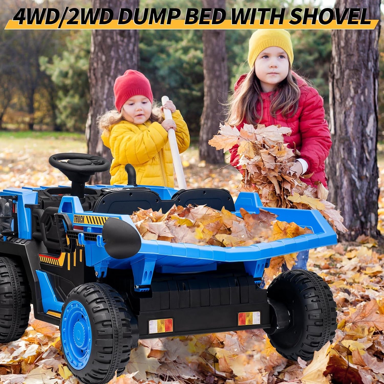 RC Kids Dump Truck in Blue + Auto Dump, LED Lights & Music, 2 Seats for Ages 3+
