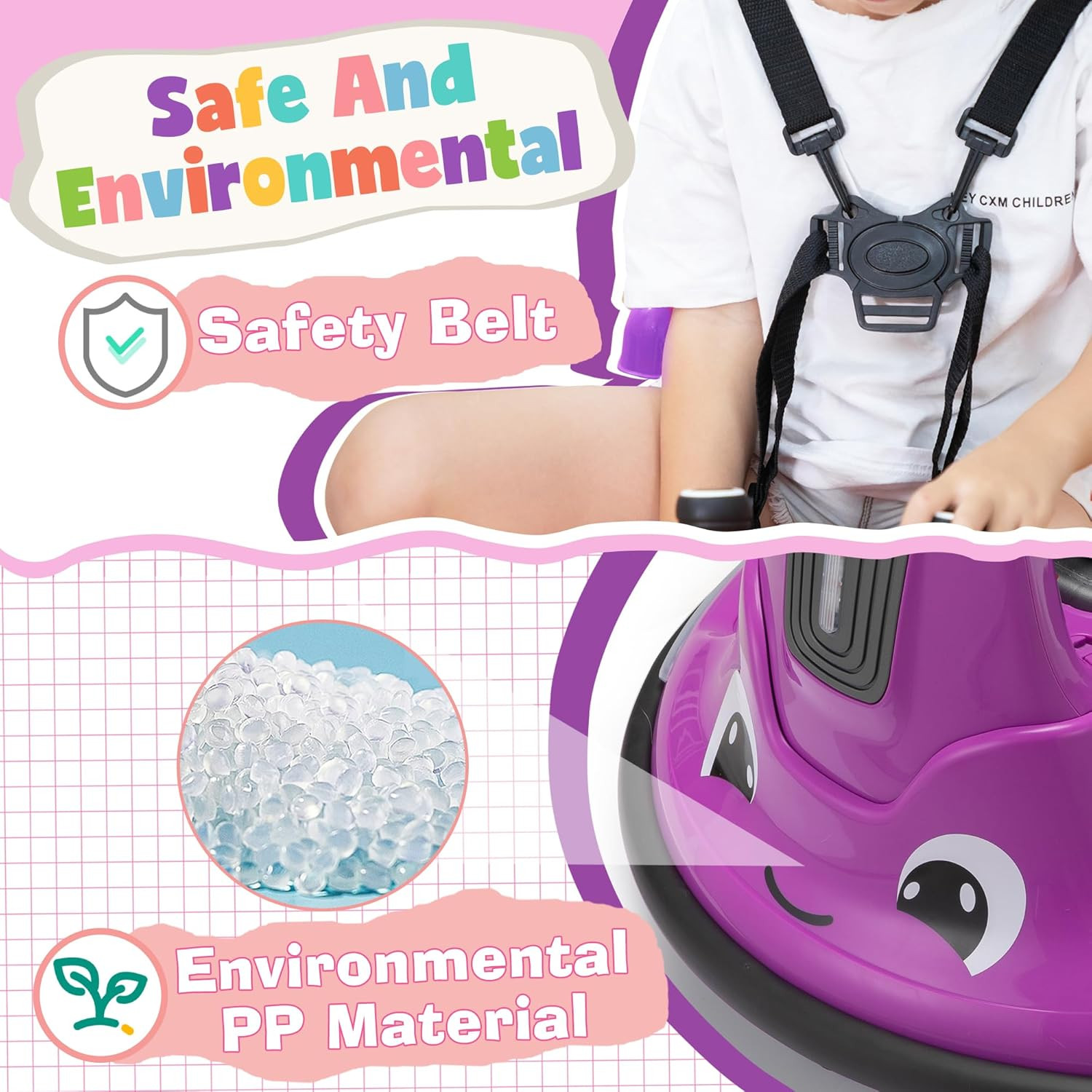 TOBBI Purple Snail Bumper Car 12V Ride-On Toy with Remote & DIY Stickers