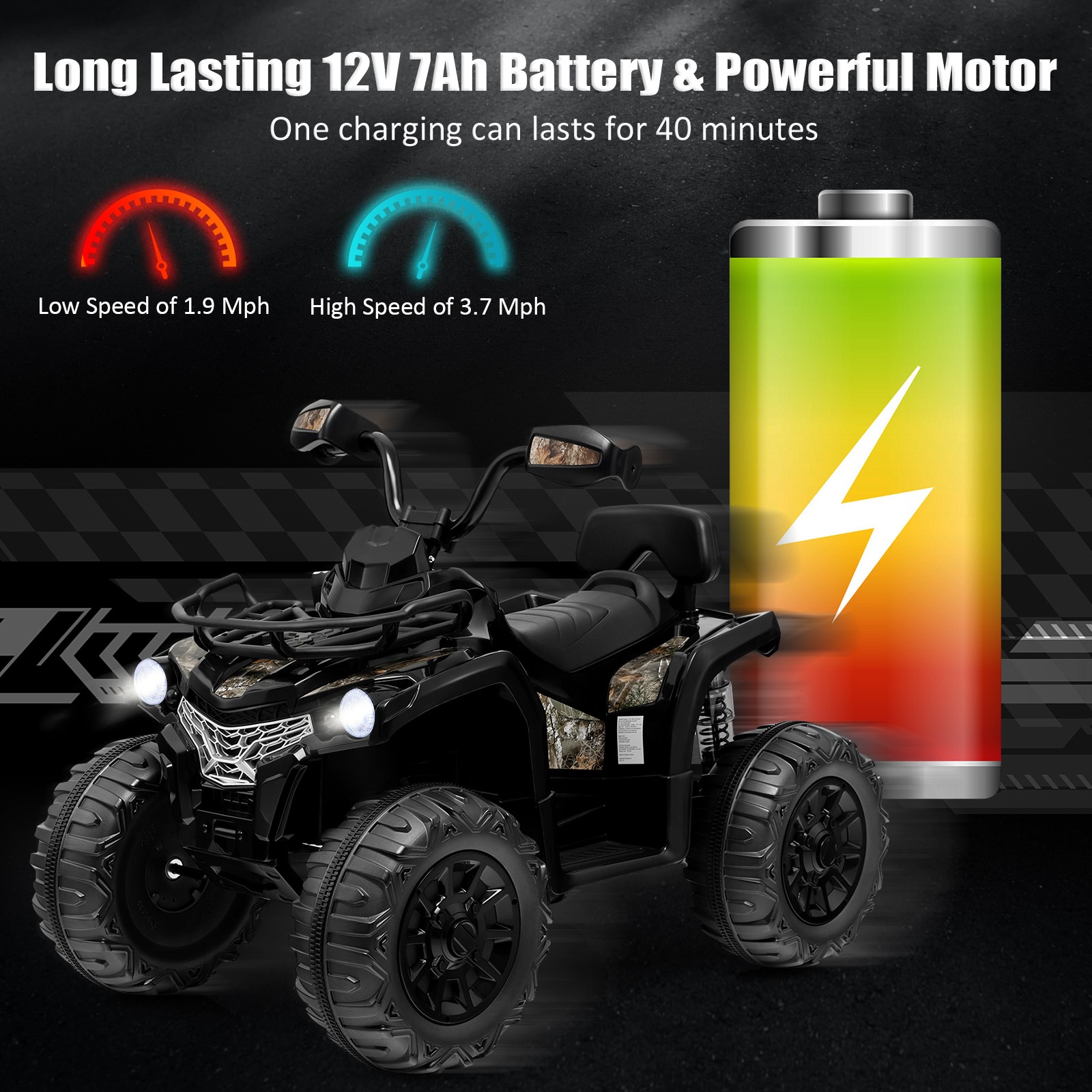 12V Kids Ride On ATV Electric 4-Wheeler Quad 2 Speeds w/ Mp3 & Headlights Black