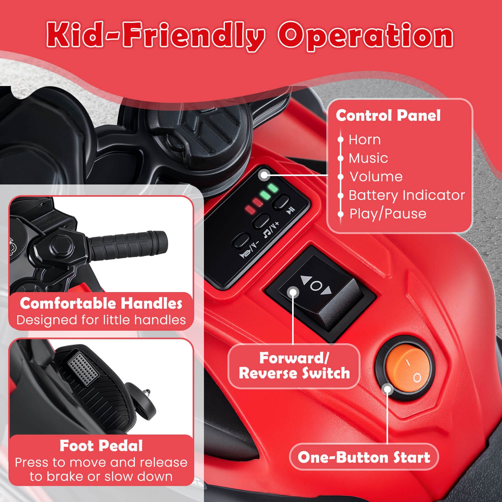 6V Kids Motorcycle w/Music, Horn, Detachable Training Wheels & LED Headlights