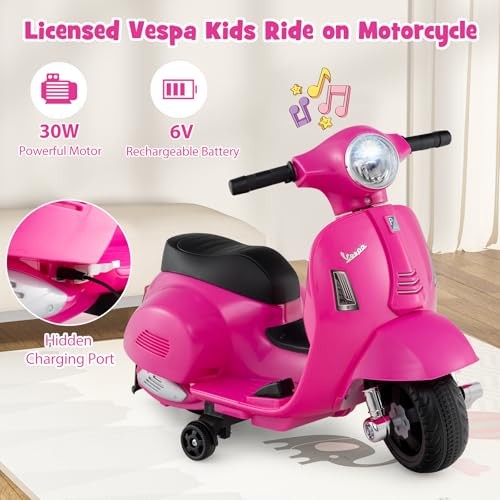 COSTWAY KIDS RIDE ON MOTORCYCLE WITH TRAINING WHEELS 6V BATTERY 26″X20″ – PINK