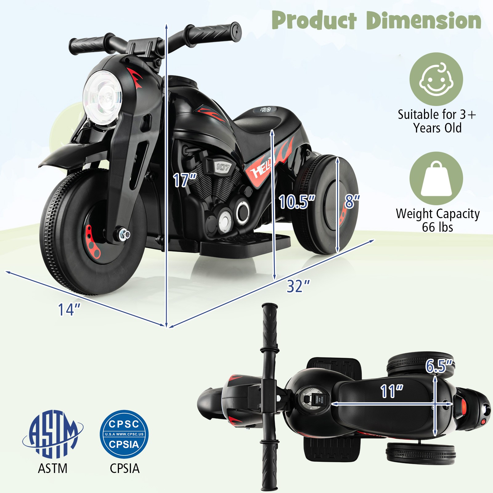 Kids 6V Bubble Car Electric Ride on Motorcycle w/ Music Button & LED Headlight