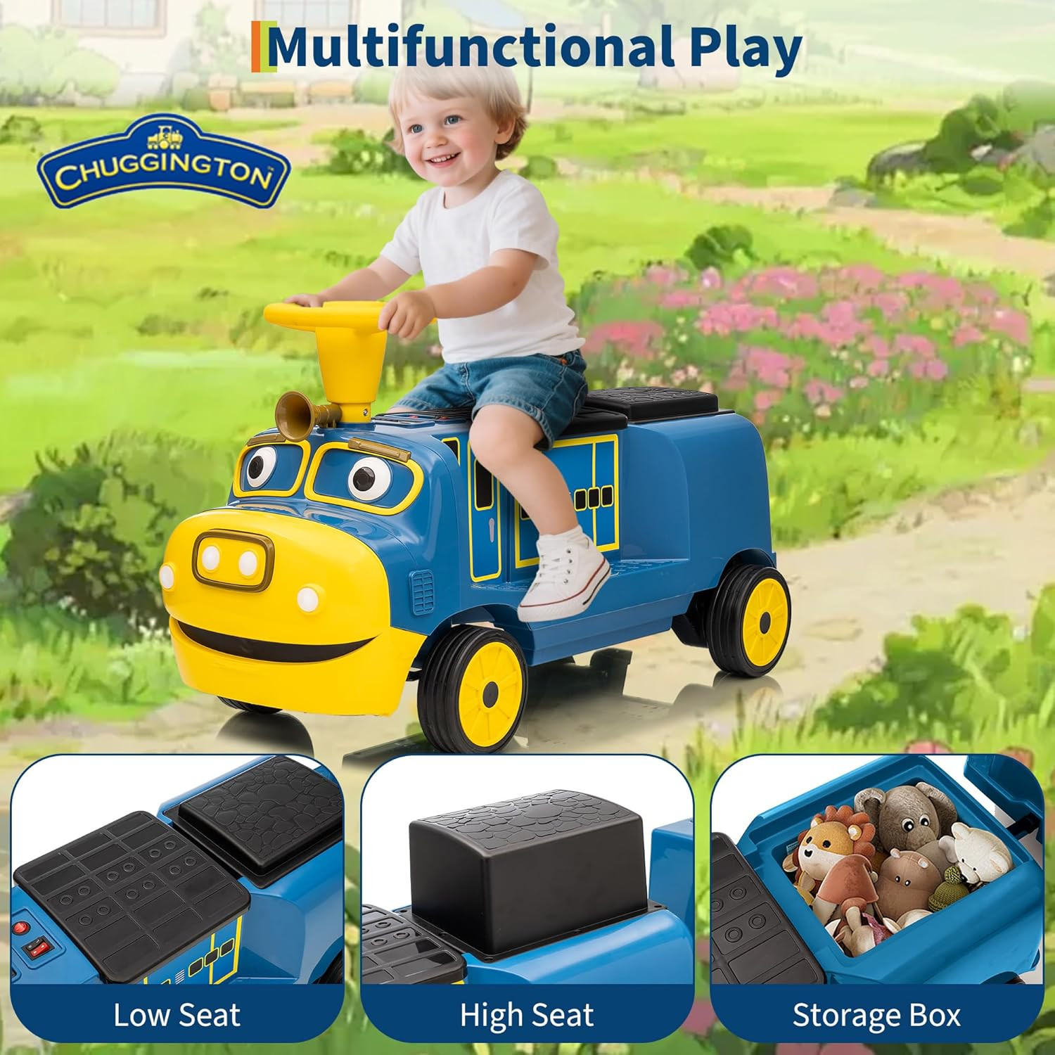 Blue/Red 2-Seater Ride On Train 12V Kids Electric Car w/Music,Light,Honk,Storage
