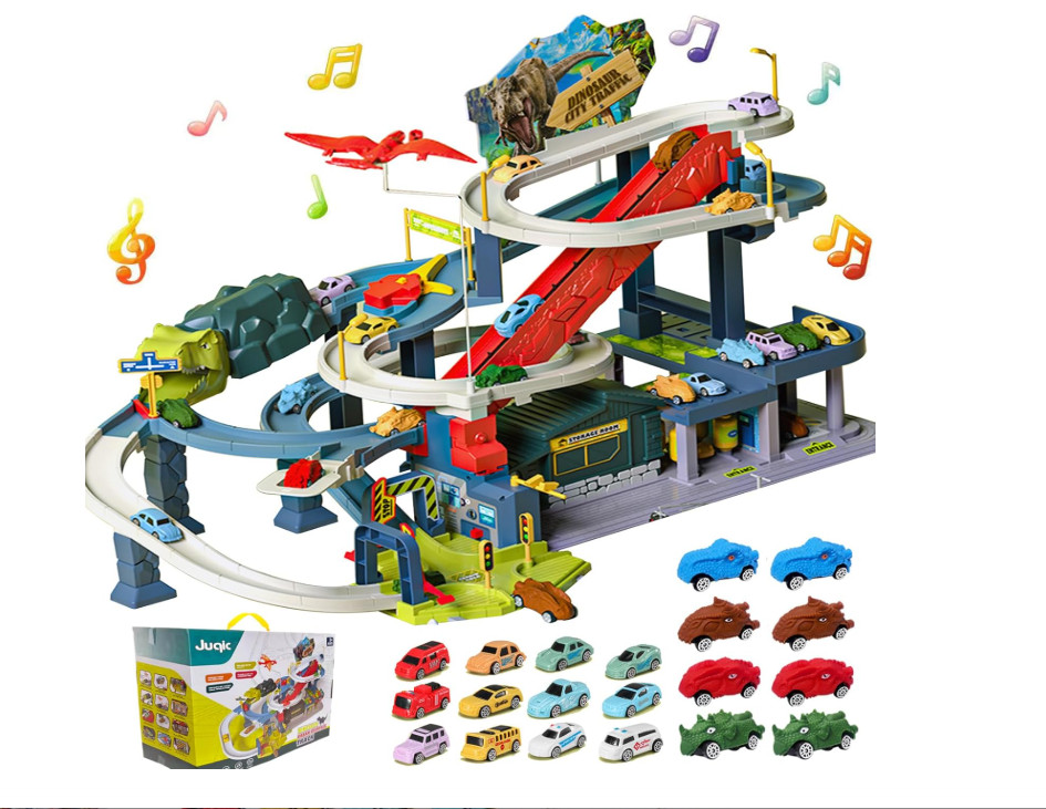 Kids Wooden Car Ramp Racer Toy 4 Level Race Track for Toddlers Boys Girls