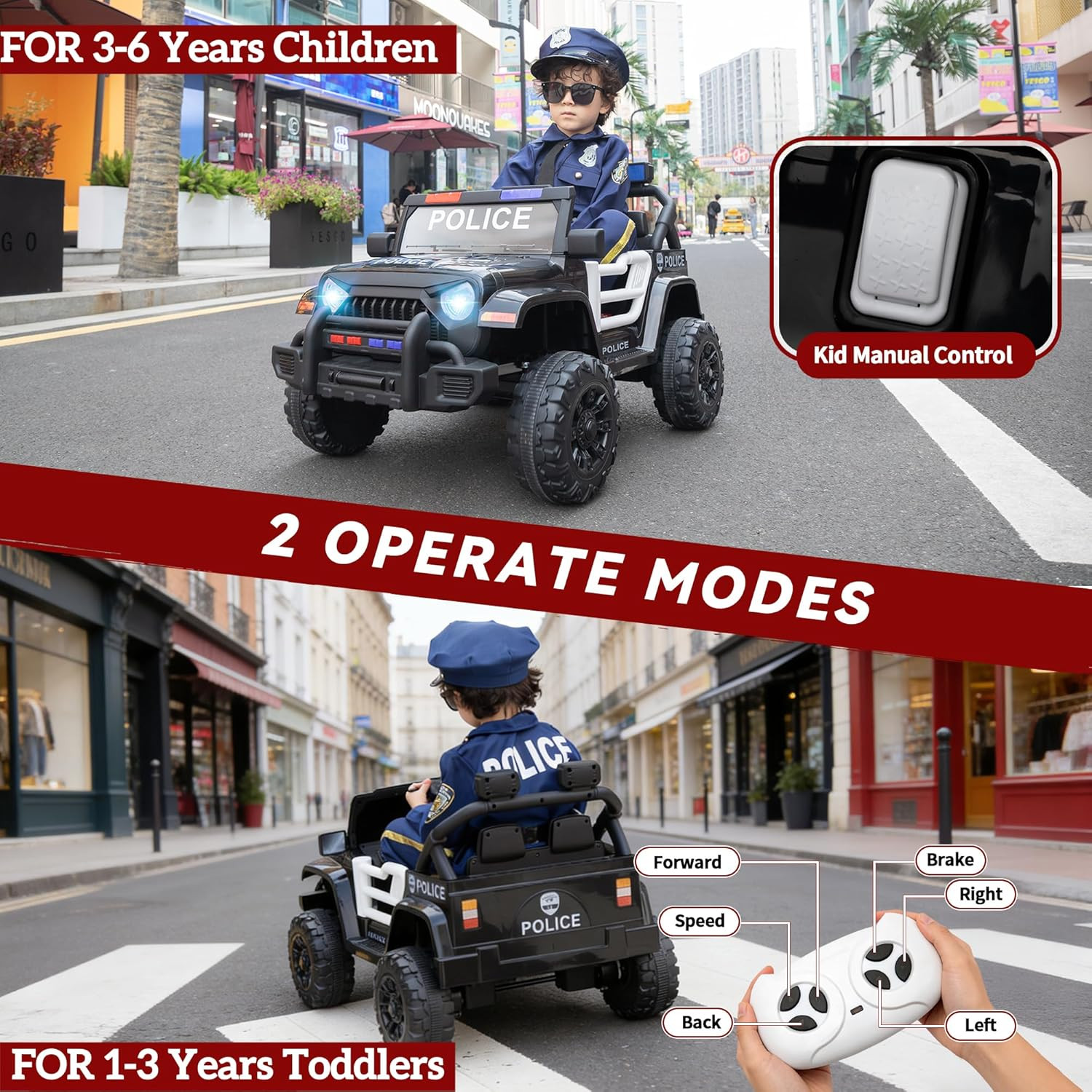 Electric Cars for Kids 12V Police Car Ride on Toy with Remote Control 4 Wheels B