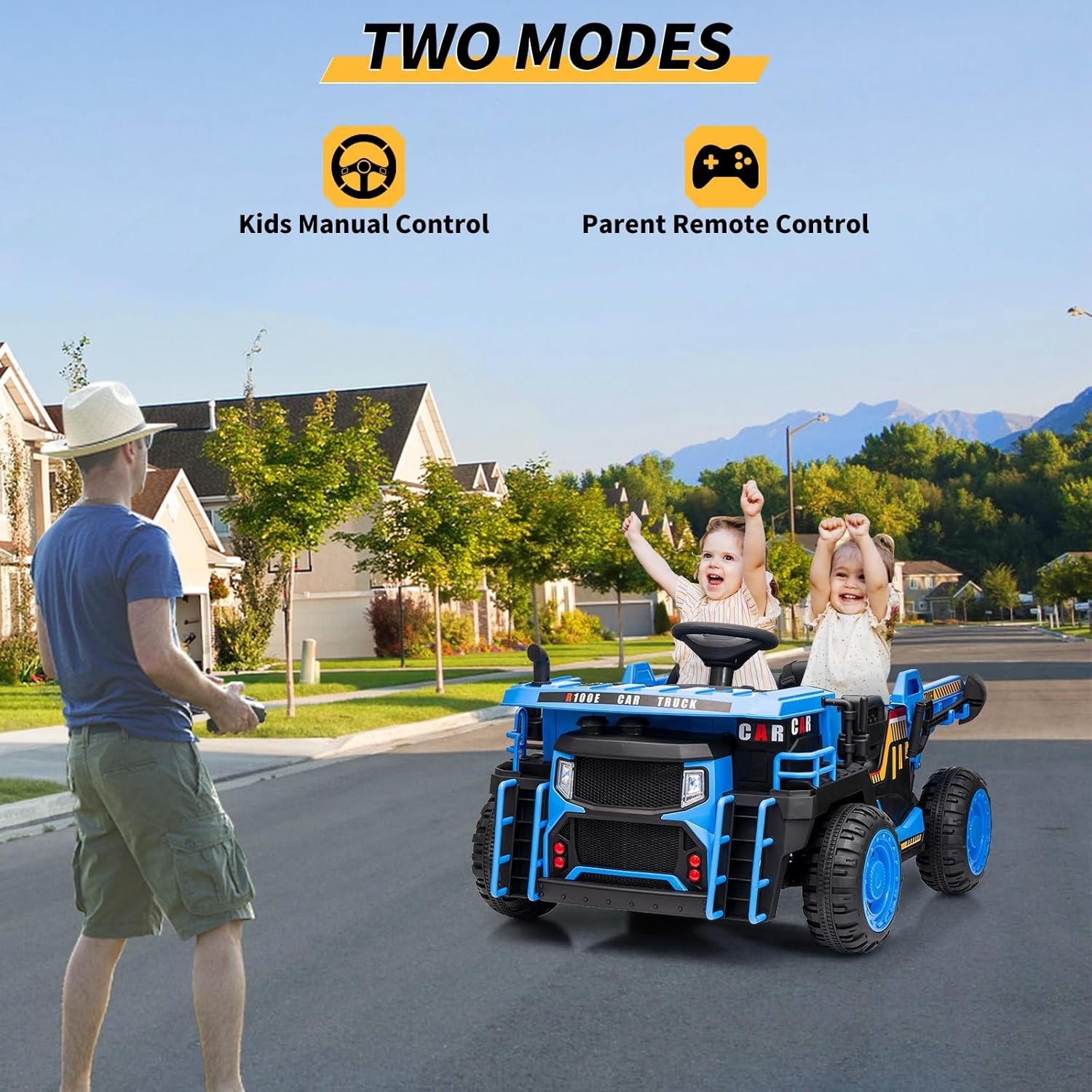 RC Kids Dump Truck in Blue + Auto Dump, LED Lights & Music, 2 Seats for Ages 3+