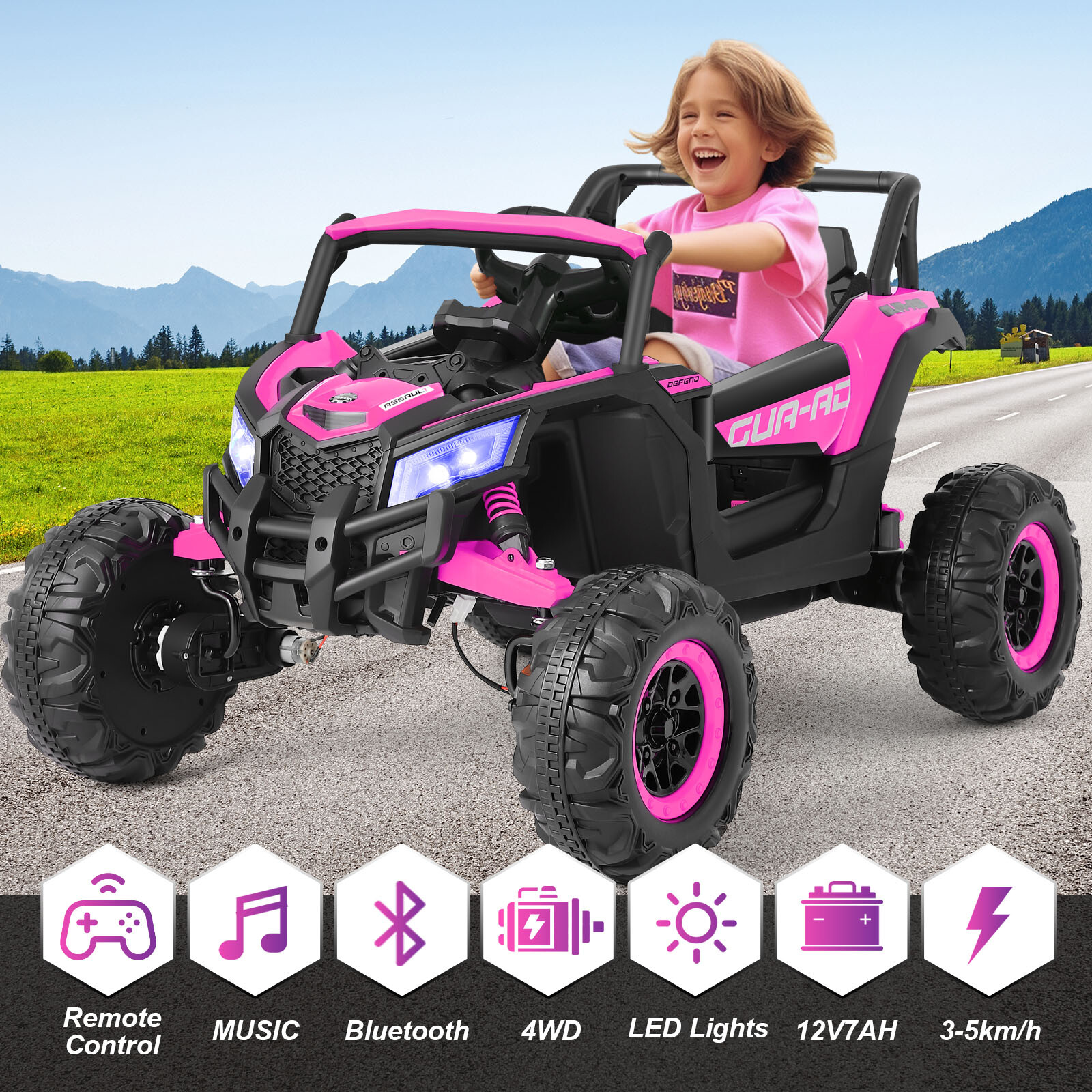 12V Kids Pink Ride On UTV Vehicle Electric Off-Road Car with Music, RC, LED